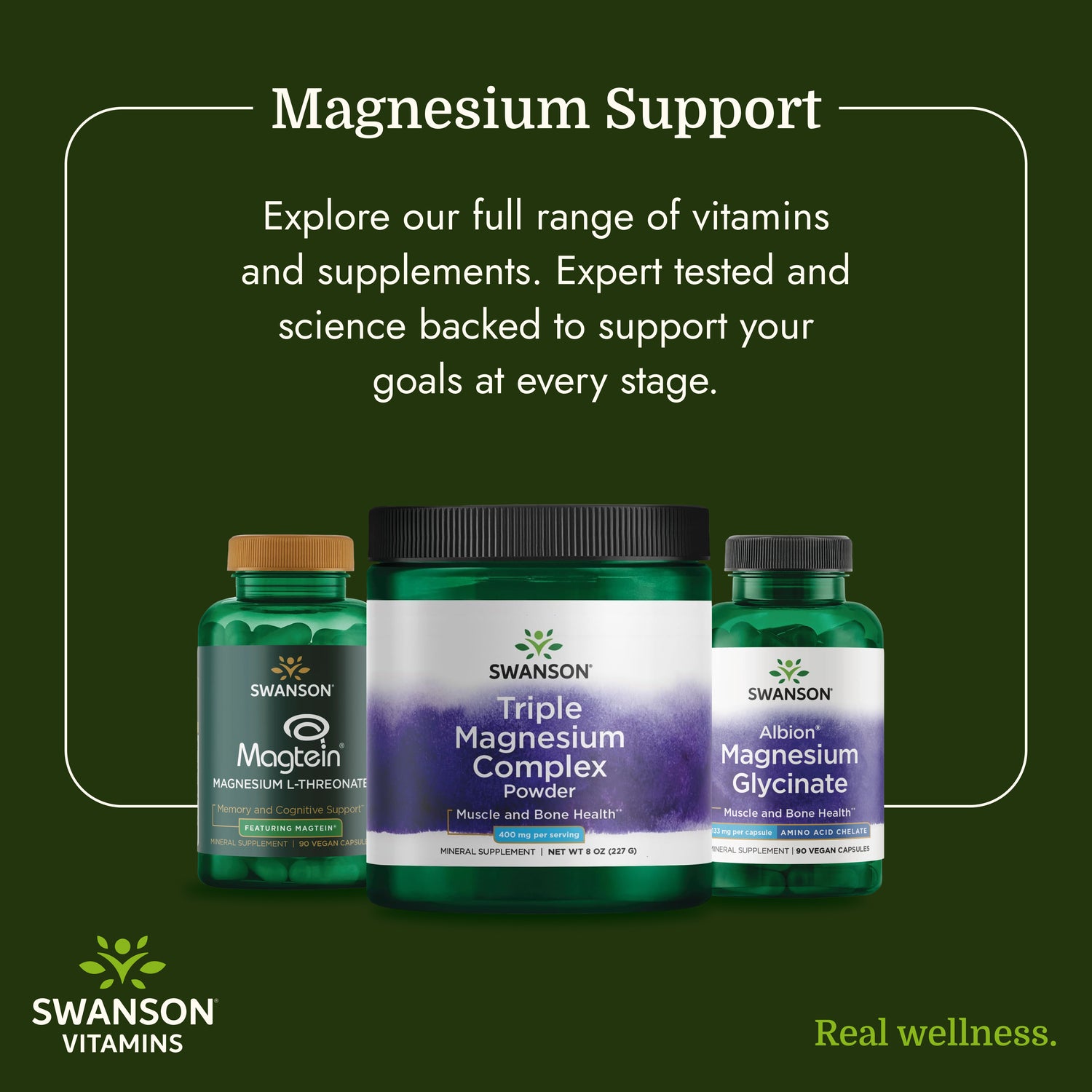 SW1831 | Swanson magnesium supplements assortment with Triple Magnesium Complex, Magtein, and Magnesium Glycinate