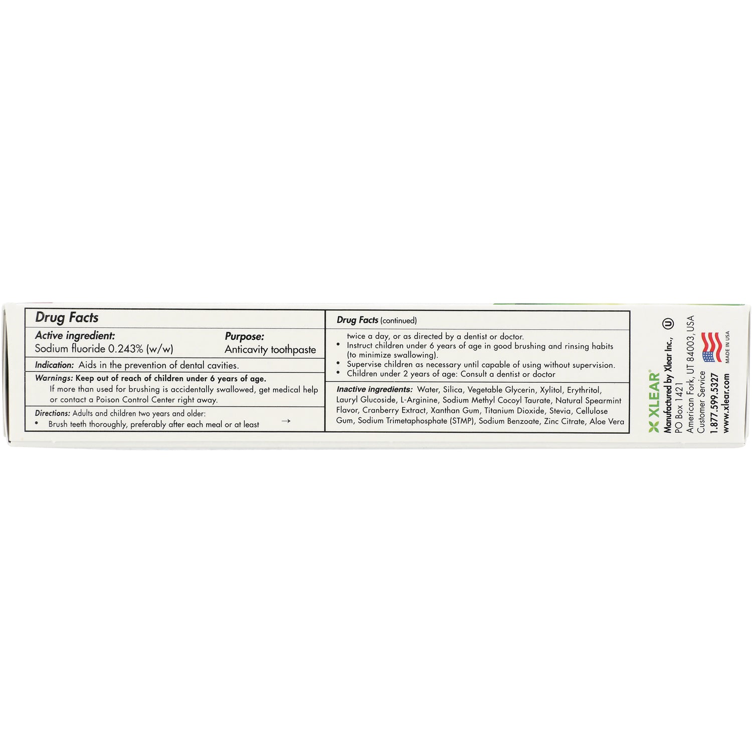 XL027 | Back panel with Drug Facts for anticavity toothpaste, sodium fluoride 0.243% and ingredients