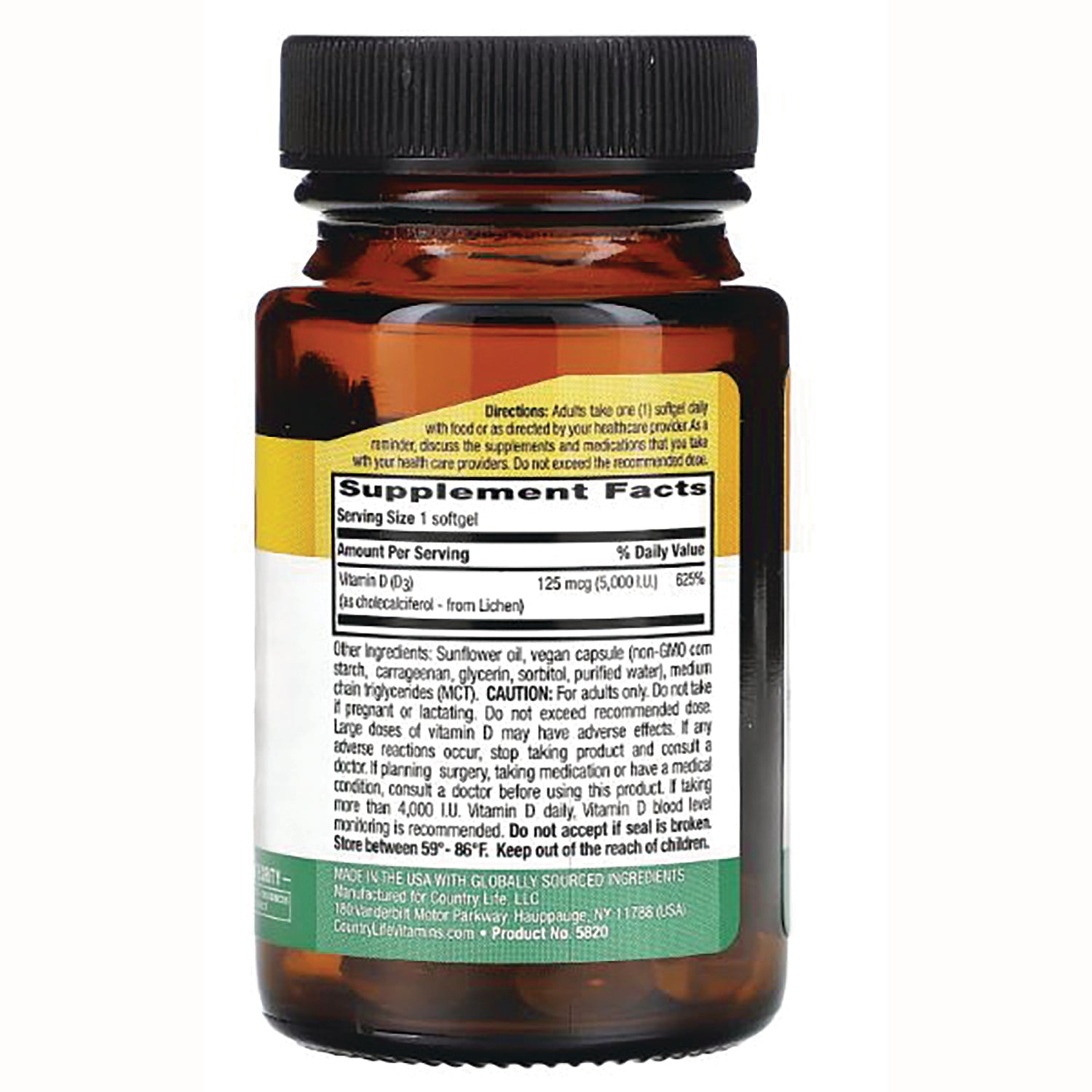 CRL591 | Back of amber supplement bottle showing Supplement Facts panel, directions and ingredient list