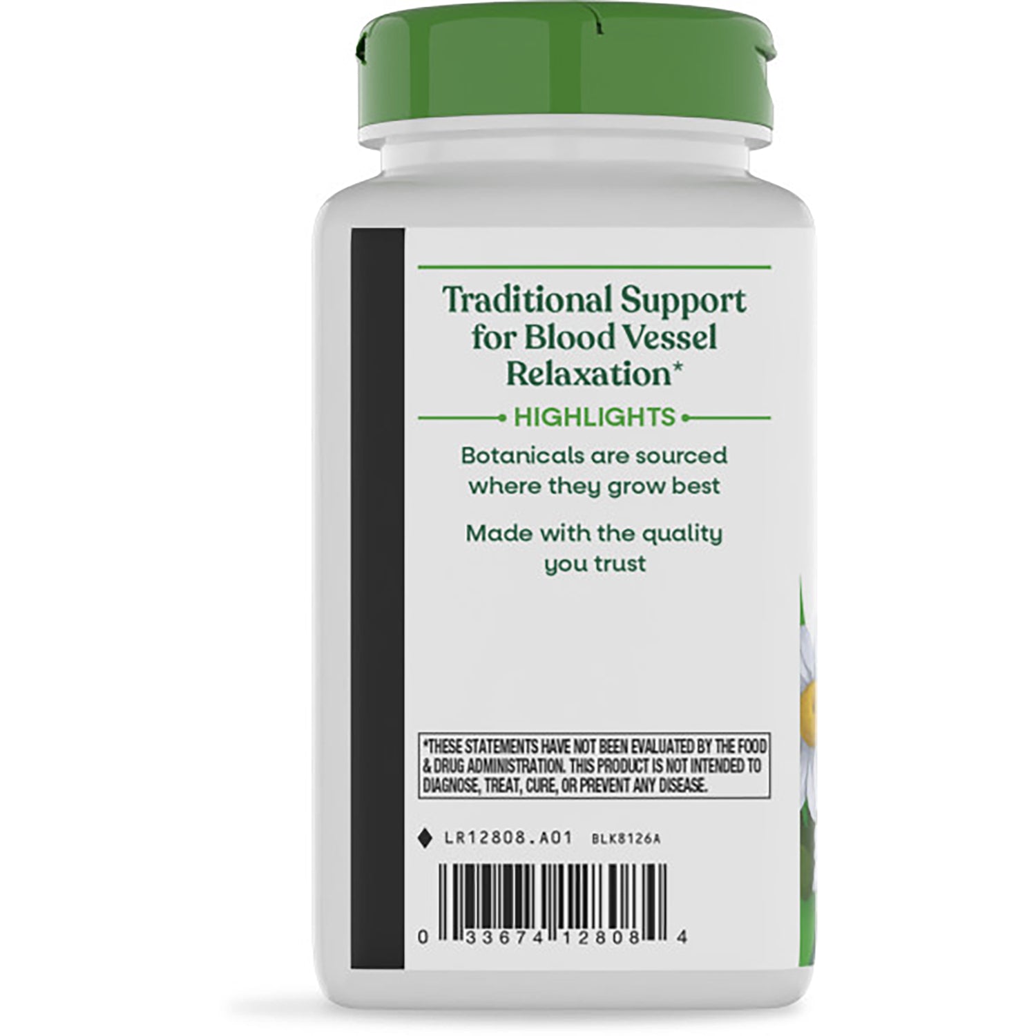 NW485 | Back of supplement bottle with green cap showing 'Blood Vessel Relaxation' headline, highlights and barcode