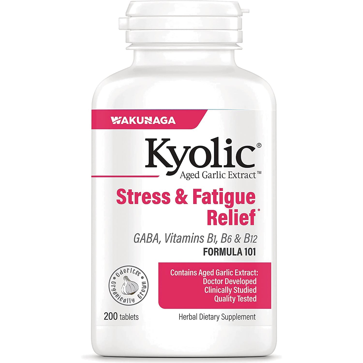 KY117 | Kyolic Aged Garlic Extract Stress & Fatigue Relief supplement bottle, 200 tablets