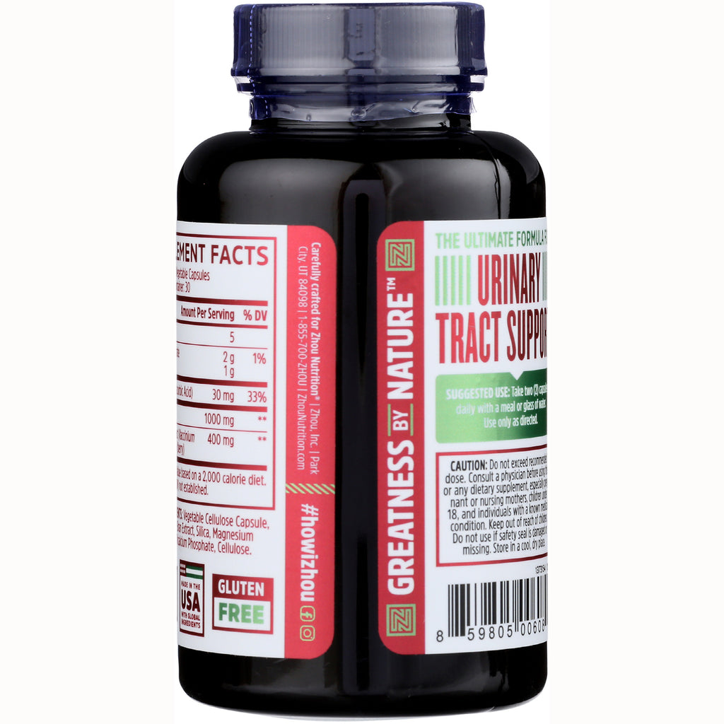 ZOU012 | Back label of supplement bottle with URINARY TRACT SUPPORT, Supplement Facts, barcode, Gluten Free - Thumbnail