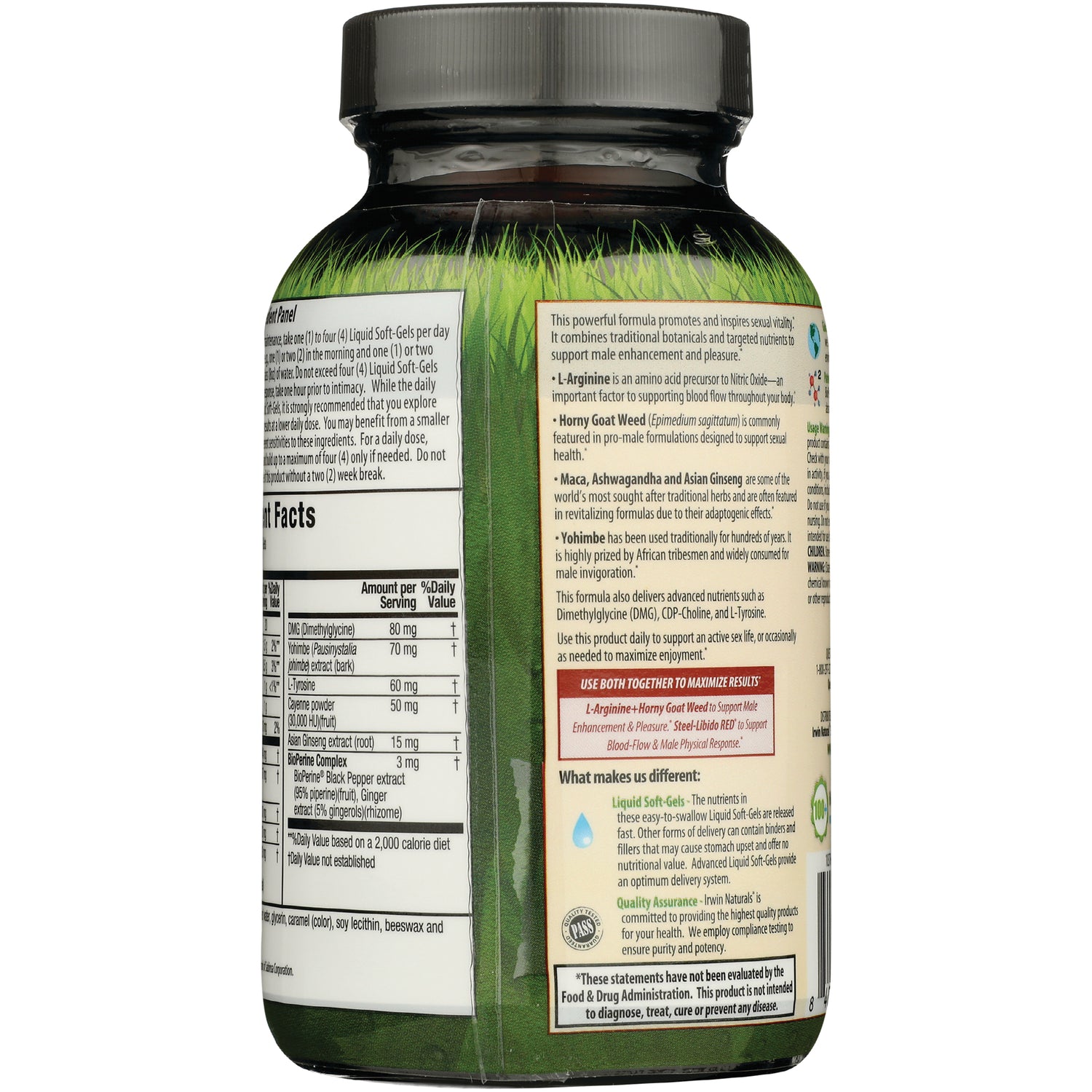 IR222 | Back of green supplement bottle showing supplement facts panel, ingredients and usage information