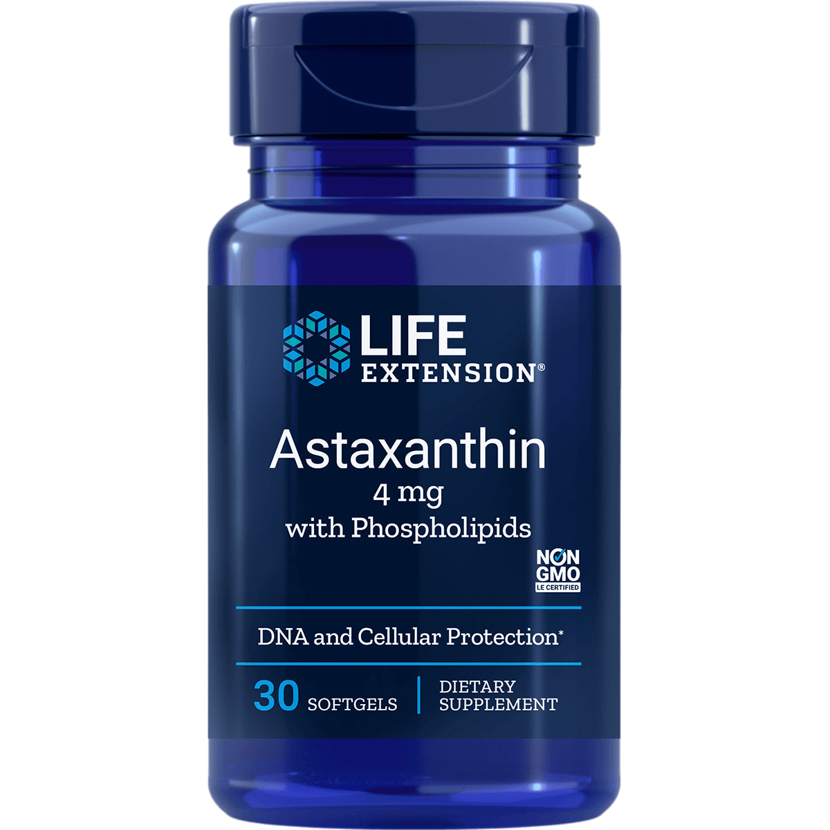 LE377 | Blue Life Extension bottle labeled Astaxanthin 4 mg with Phospholipids, 30 softgels dietary supplement