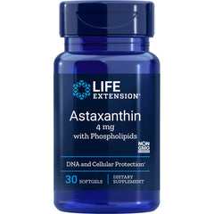 LE377 | Blue Life Extension bottle labeled Astaxanthin 4 mg with Phospholipids, 30 softgels dietary supplement