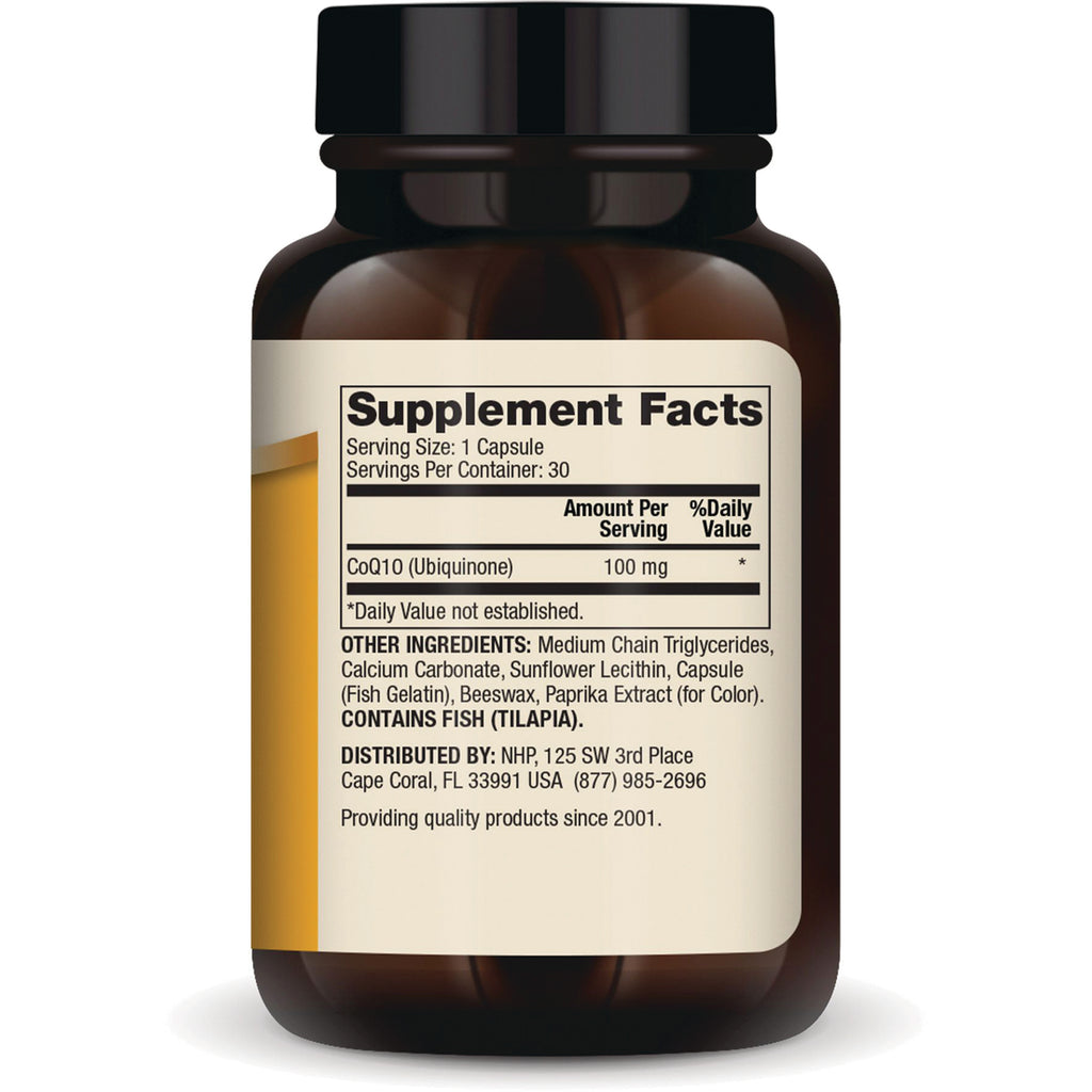 MRC109 | Back label with Supplement Facts: Serving Size 1 Capsule; CoQ10 100 mg; other ingredients; contains fish (tilapia) - Thumbnail