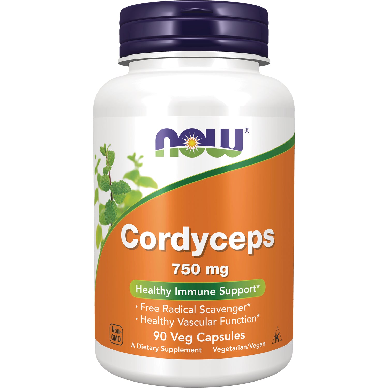 NWF963 | NOW Cordyceps 750 mg supplement bottle with orange label, 90 veg capsules