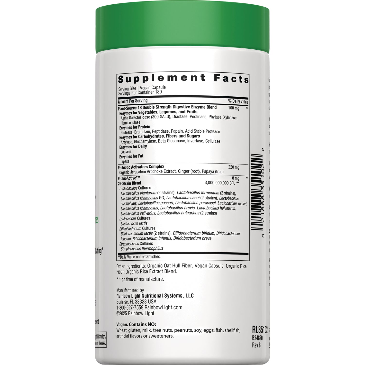 RBL179 | Back of white supplement bottle showing Supplement Facts panel, ingredient list and barcode