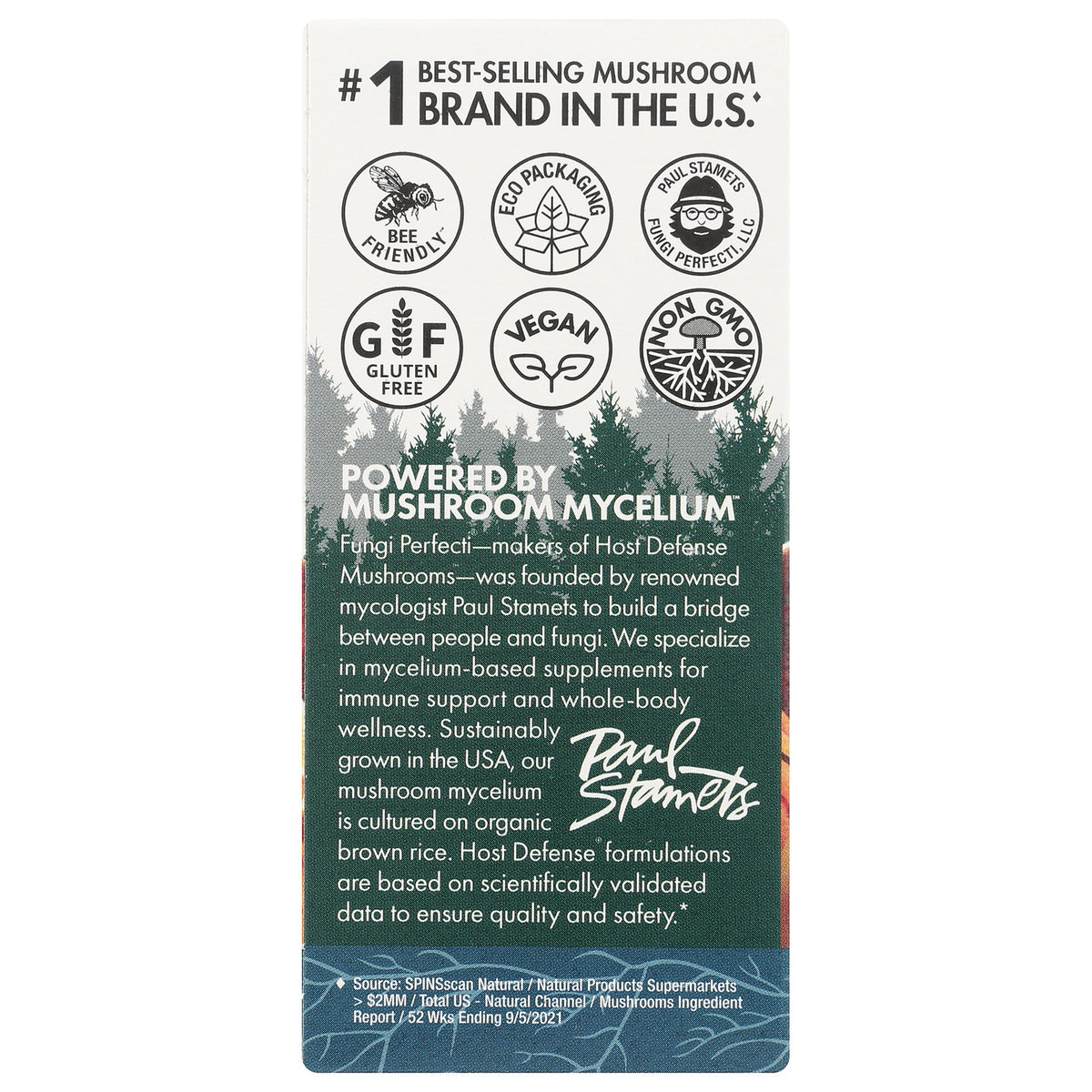FUN006 | back of supplement box with certification icons and text Powered by Mushroom Mycelium and company description