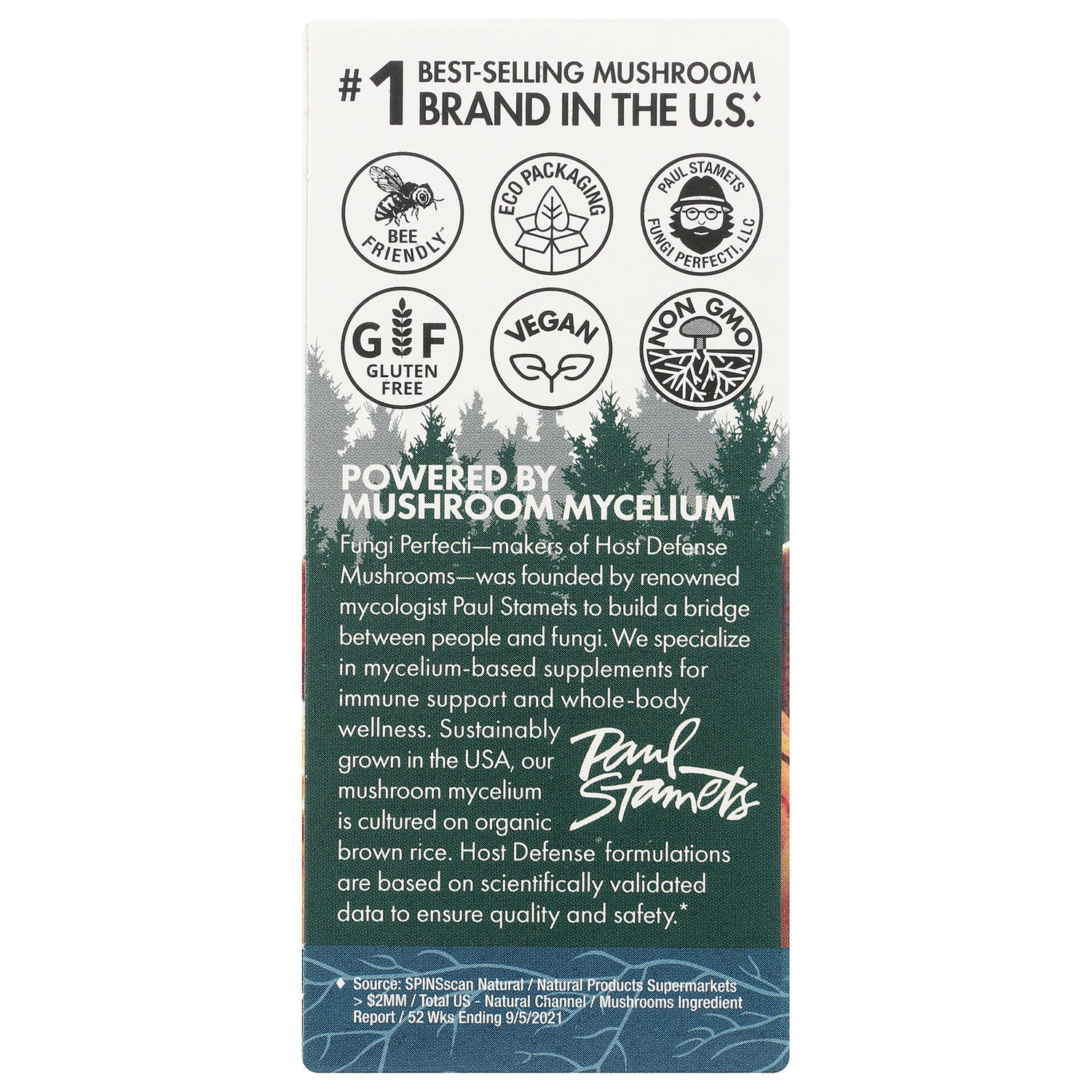 FUN006 | back of supplement box with certification icons and text Powered by Mushroom Mycelium and company description