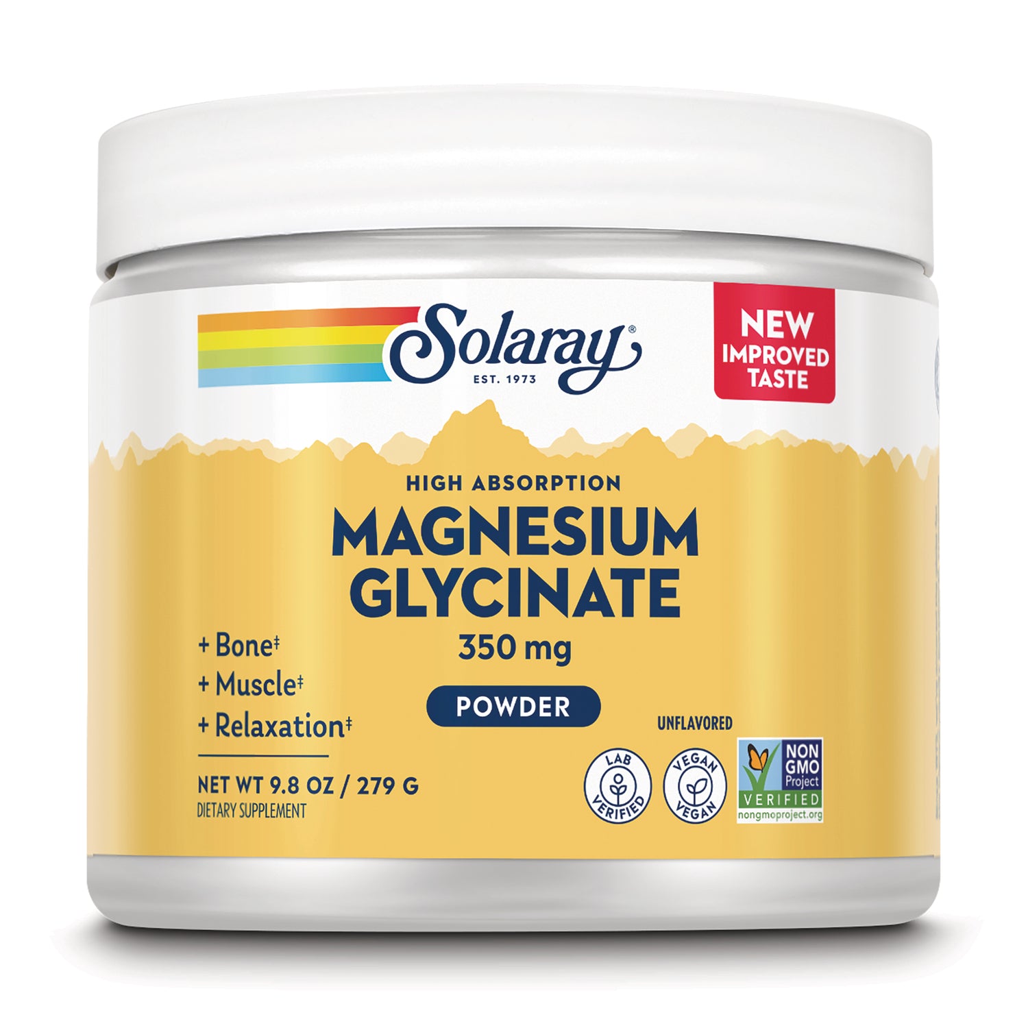 SLR530 | Solaray Magnesium Glycinate 350 mg powder jar, unflavored, yellow label with New Improved Taste badge
