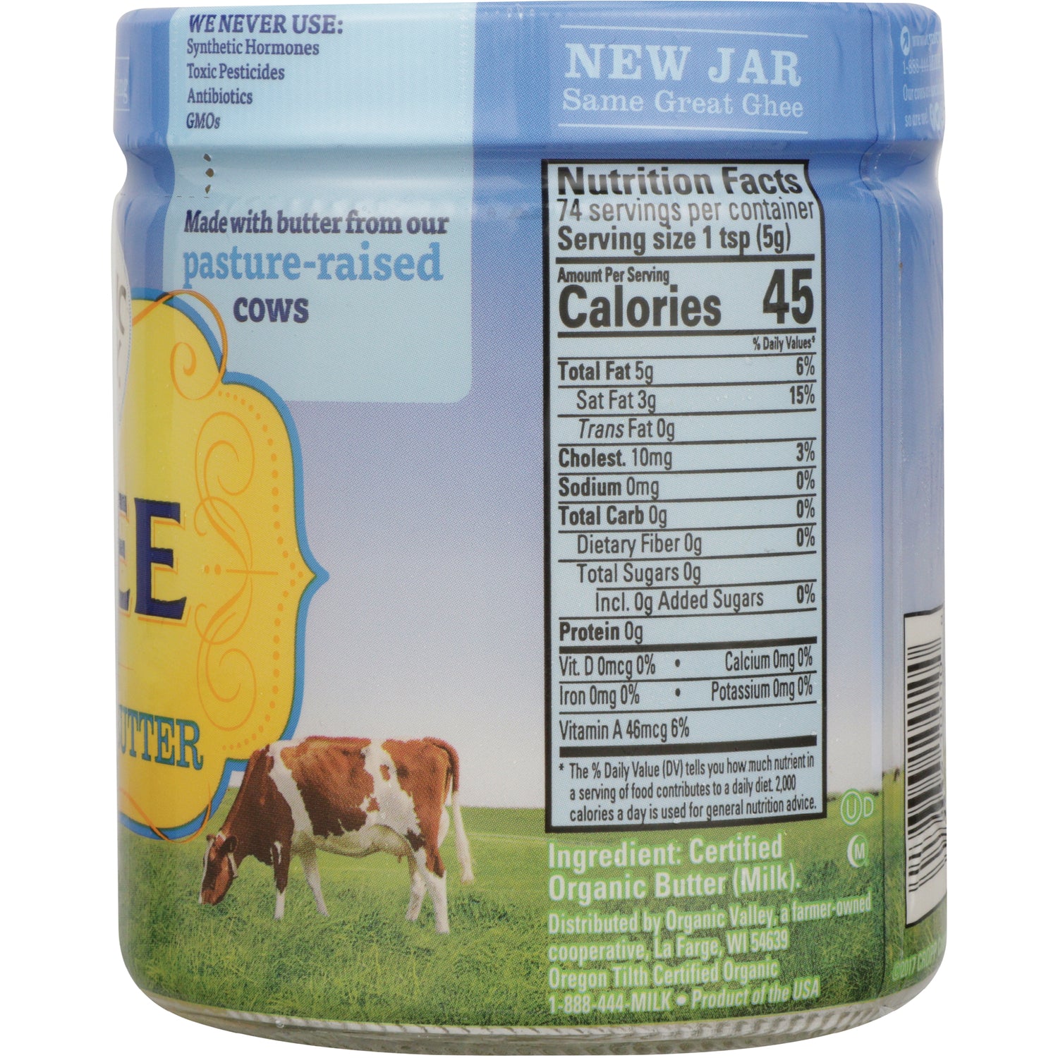 PUF001 | jar back showing Nutrition Facts panel with 45 calories per serving and ingredient text over cow pasture artwork