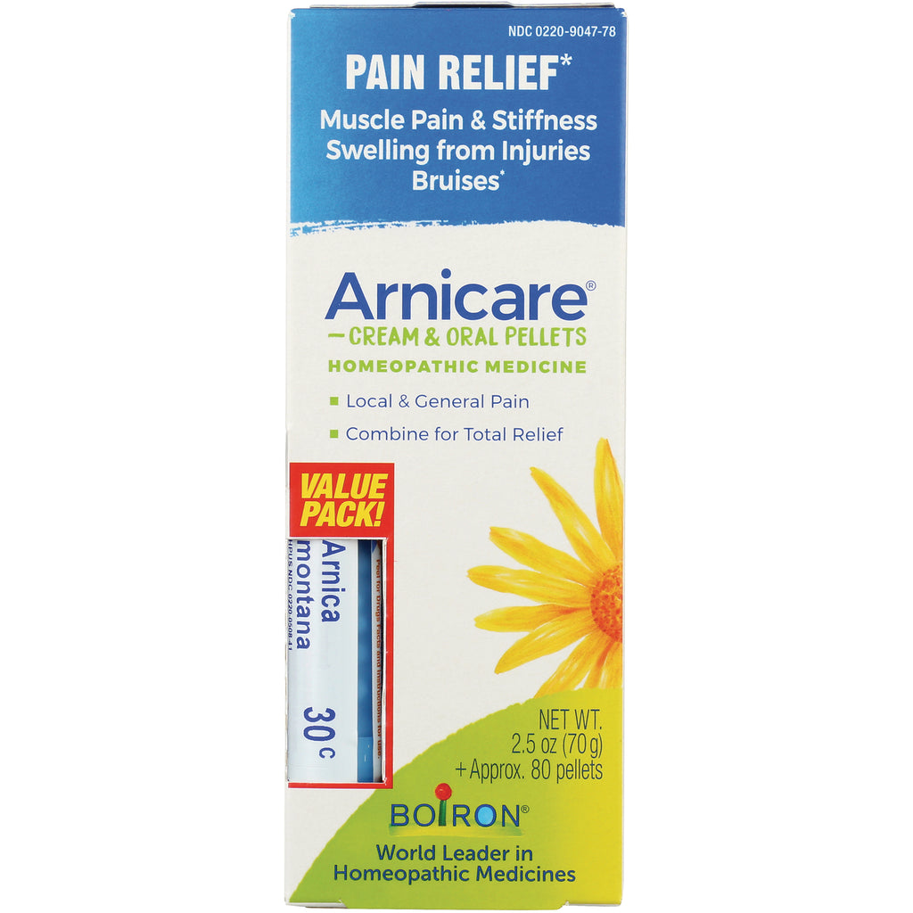 BRN037 | Arnicare cream and oral pellets box with pain relief claims, value pack label and daisy illustration - Thumbnail
