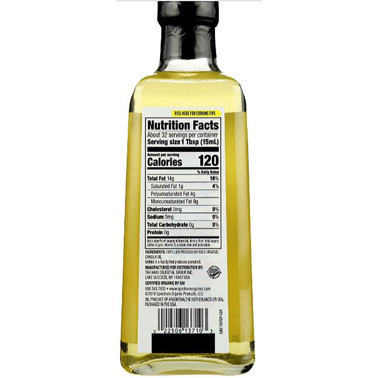 SP046 | Back of oil bottle with Nutrition Facts panel, 120 calories per 1 Tbsp (15 mL)