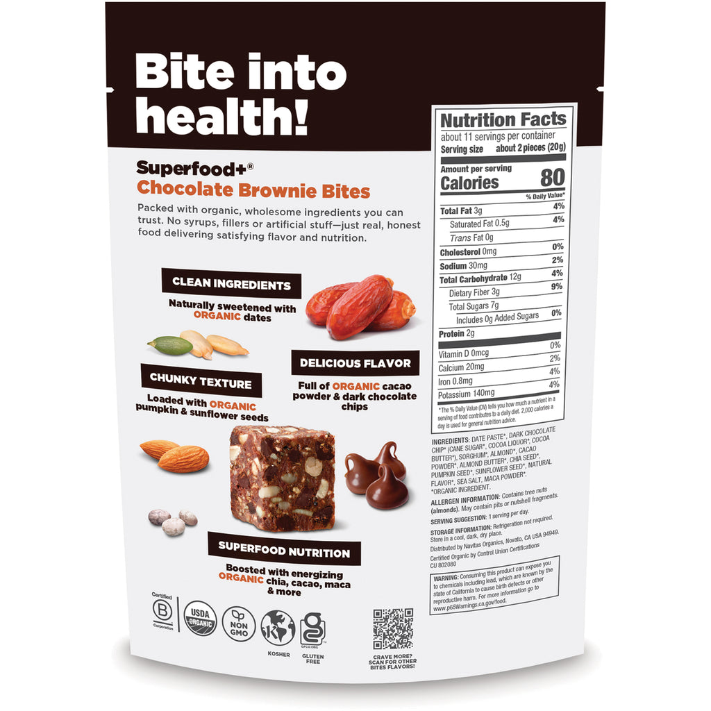 NAV067 | back of Navitas Organics cacao snack pouch showing nutrition facts panel and product copy - Thumbnail