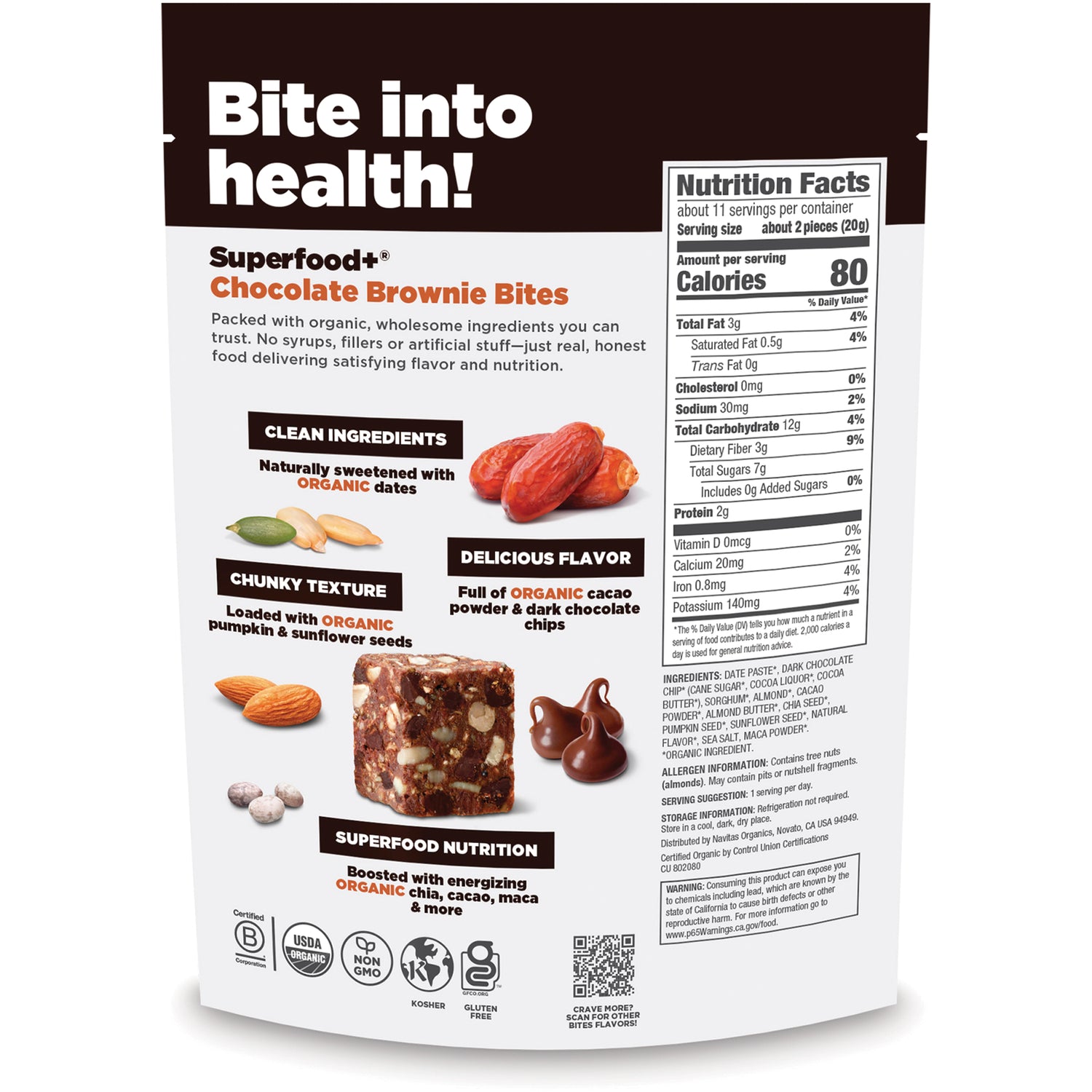 NAV067 | back of Navitas Organics cacao snack pouch showing nutrition facts panel and product copy