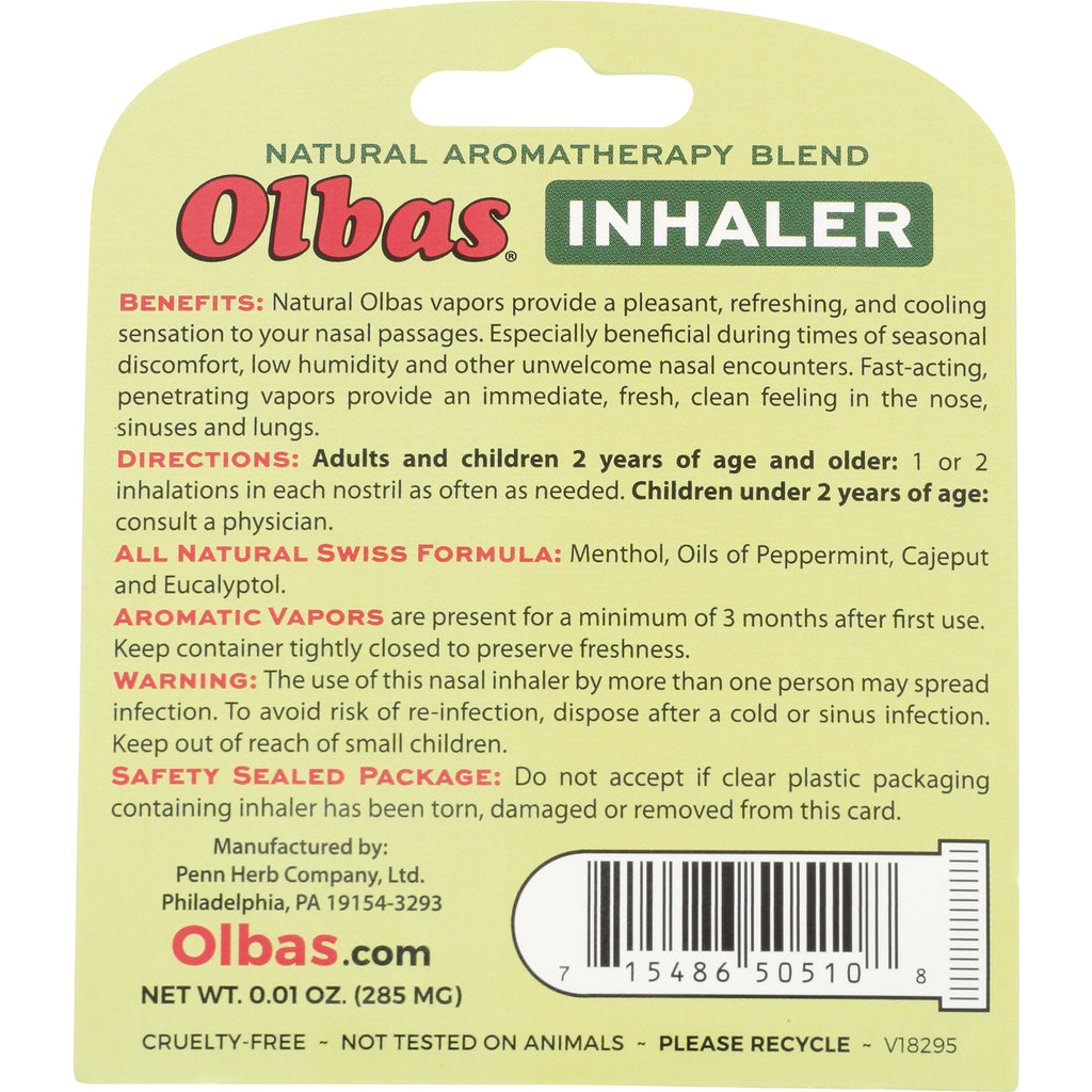 OLB004 | Olbas Inhaler back card with benefits, directions, ingredients, warnings and barcode - Thumbnail
