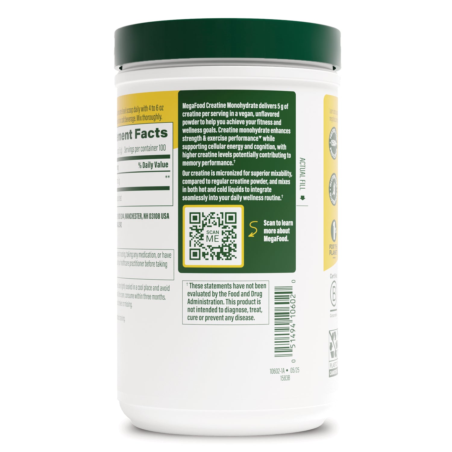 MGF148 | Back label of white supplement jar showing nutrition facts, QR code, barcode, and product text