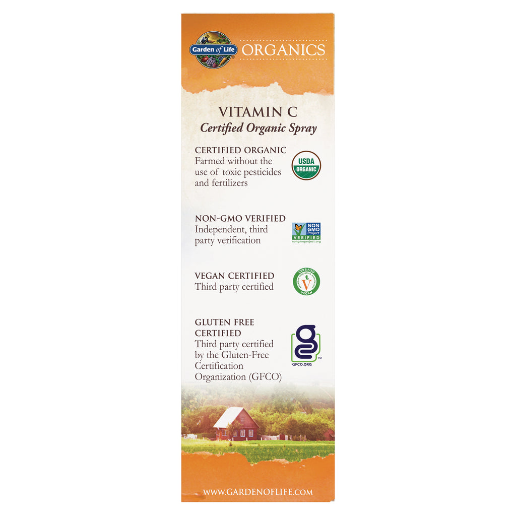 GLF217 | Back panel for Vitamin C Certified Organic Spray showing USDA Organic, Non-GMO, Vegan, Gluten Free badges and small farm photo - Thumbnail