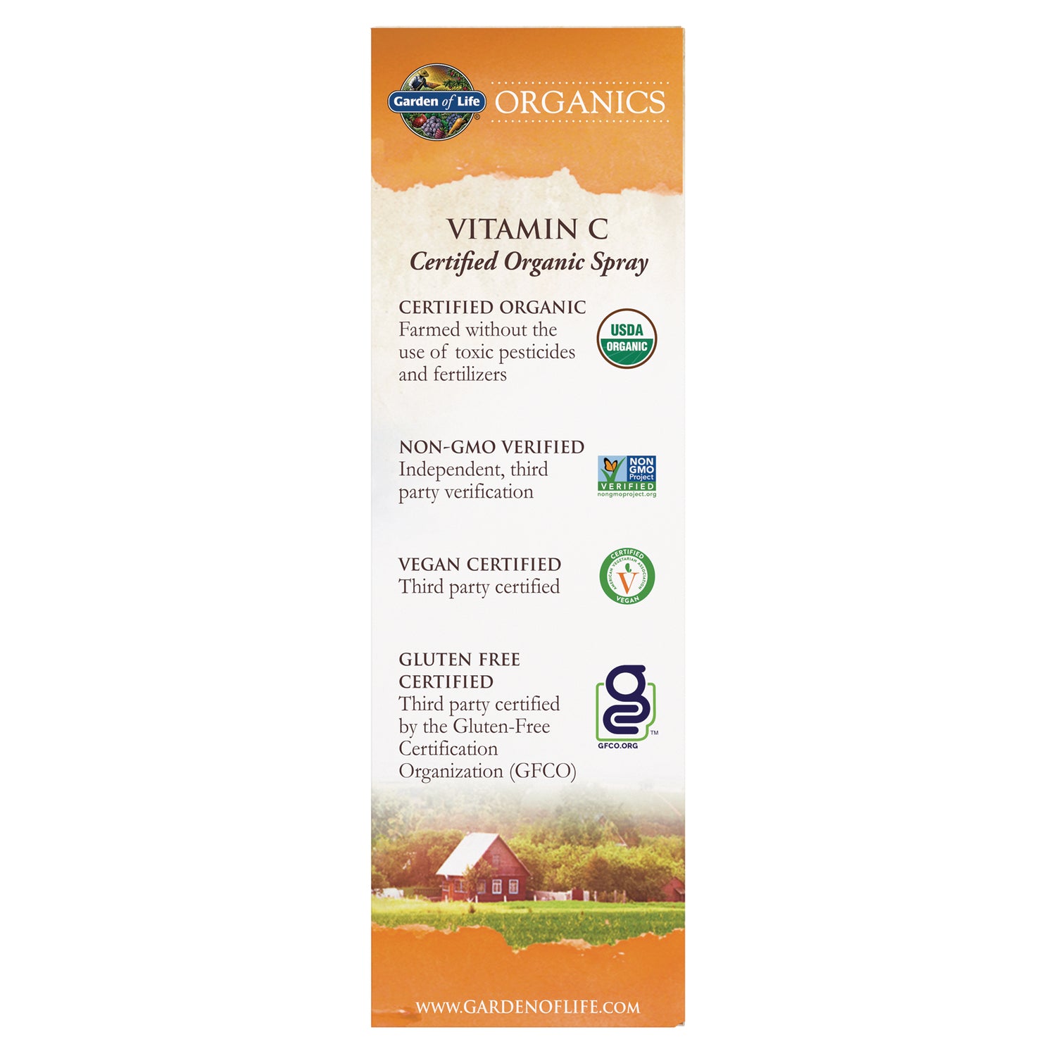 GLF217 | Back panel for Vitamin C Certified Organic Spray showing USDA Organic, Non-GMO, Vegan, Gluten Free badges and small farm photo