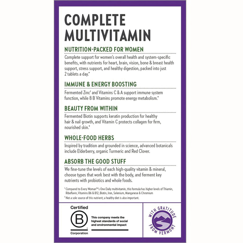 NWC140 | Complete Multivitamin product infographic for women listing immune and energy, beauty, whole-food herbs, absorption claims and certification logos - Thumbnail