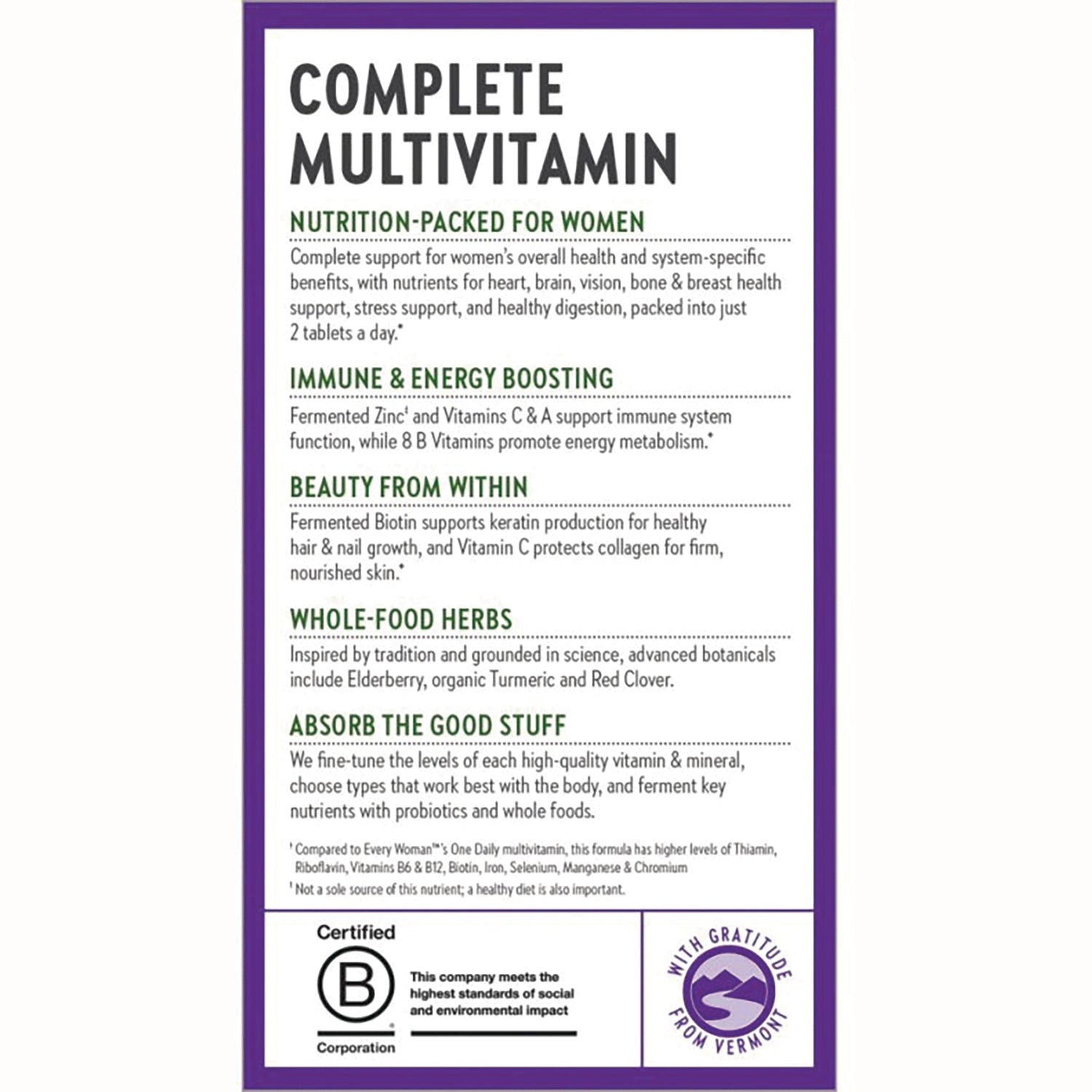 NWC140 | Complete Multivitamin product infographic for women listing immune and energy, beauty, whole-food herbs, absorption claims and certification logos