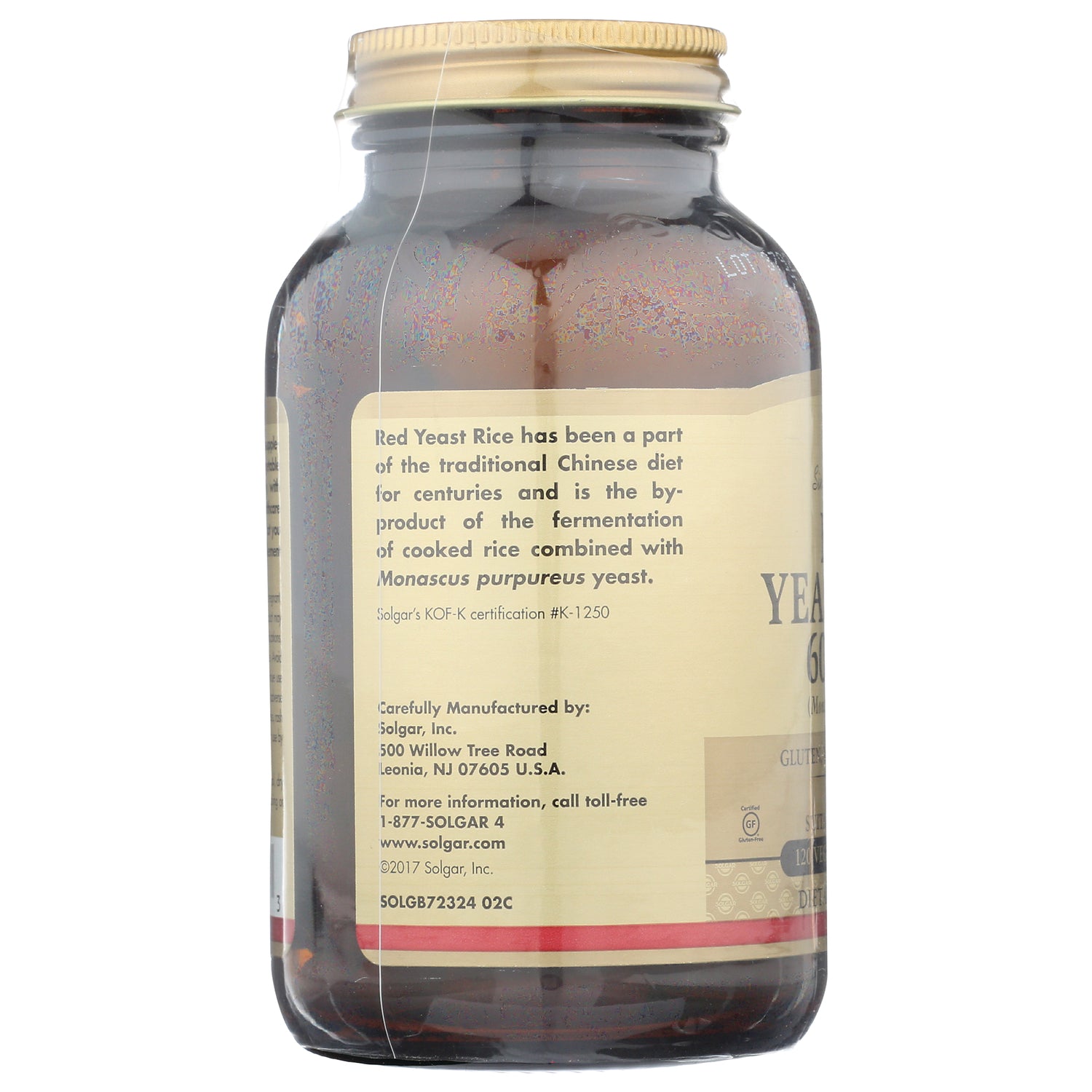SLG335 | Back label of brown supplement bottle showing Red Yeast Rice description and manufacturer contact details