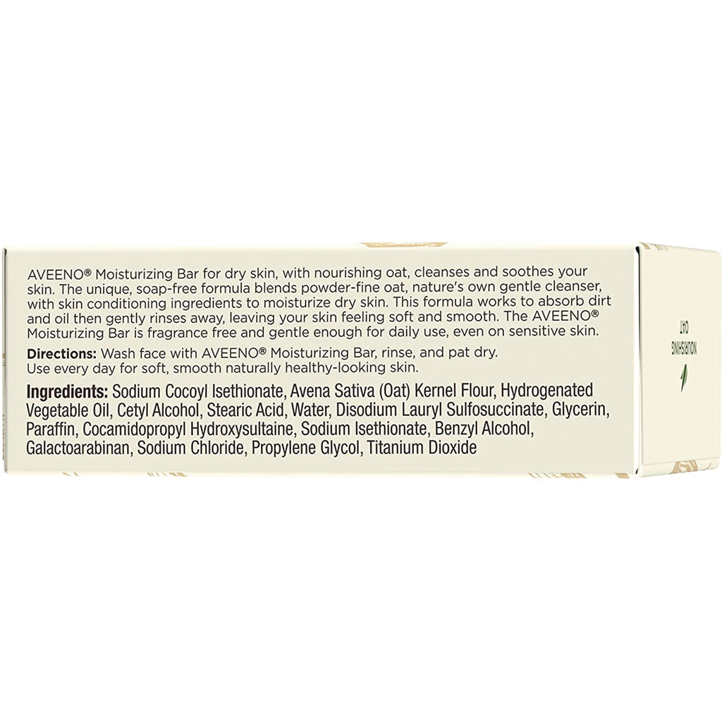 JNJ046 | Back of Aveeno Moisturizing Bar box showing directions and full ingredients list including oat kernel flour - Thumbnail