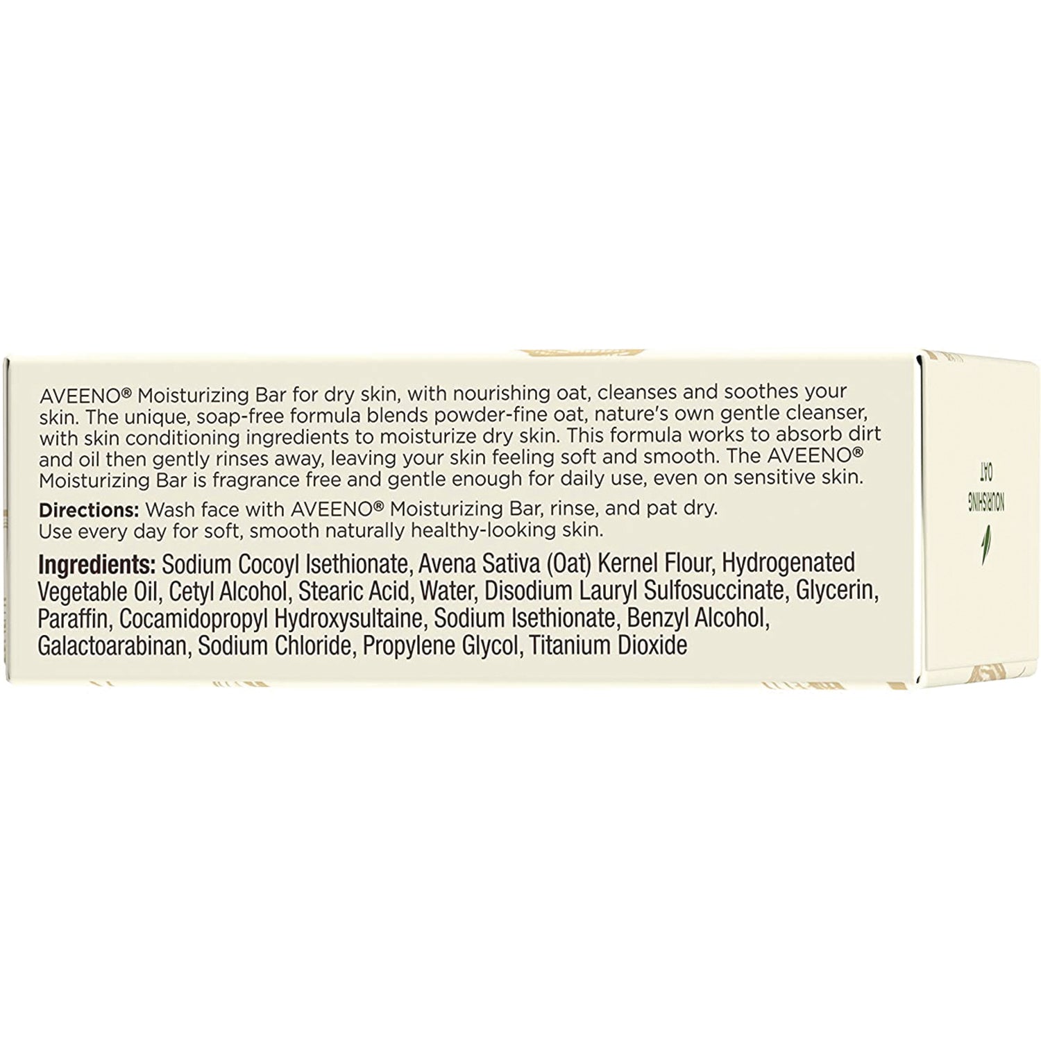 JNJ046 | Back of Aveeno Moisturizing Bar box showing directions and full ingredients list including oat kernel flour