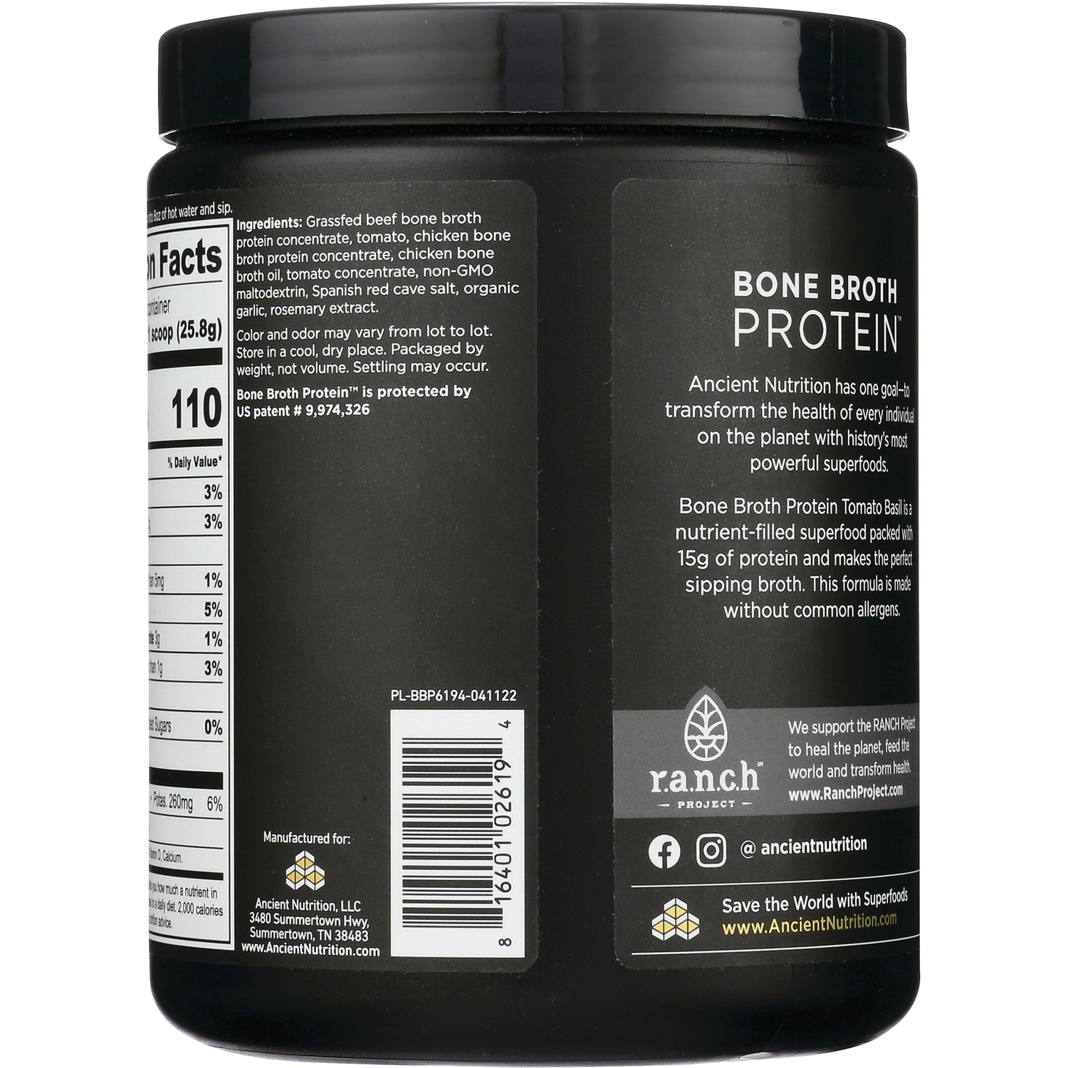 ATN097 | Back of black Bone Broth Protein jar showing ingredients panel, nutrition facts and barcode