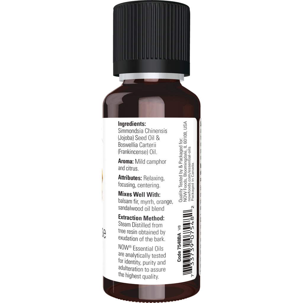 NWF605 | Back of amber essential oil bottle label listing ingredients, aroma, attributes, mixes well with, extraction method and barcode - Thumbnail