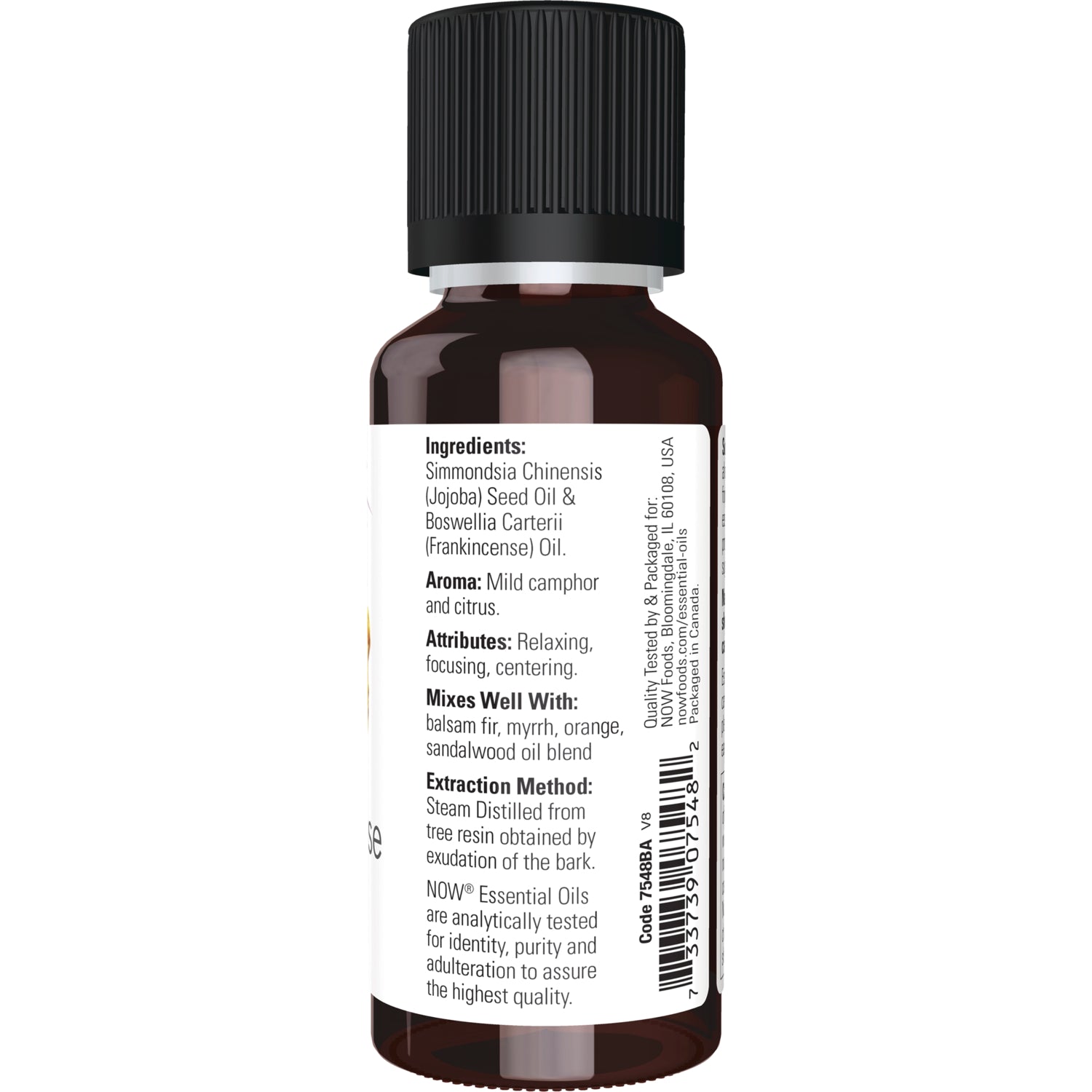 NWF605 | Back of amber essential oil bottle label listing ingredients, aroma, attributes, mixes well with, extraction method and barcode