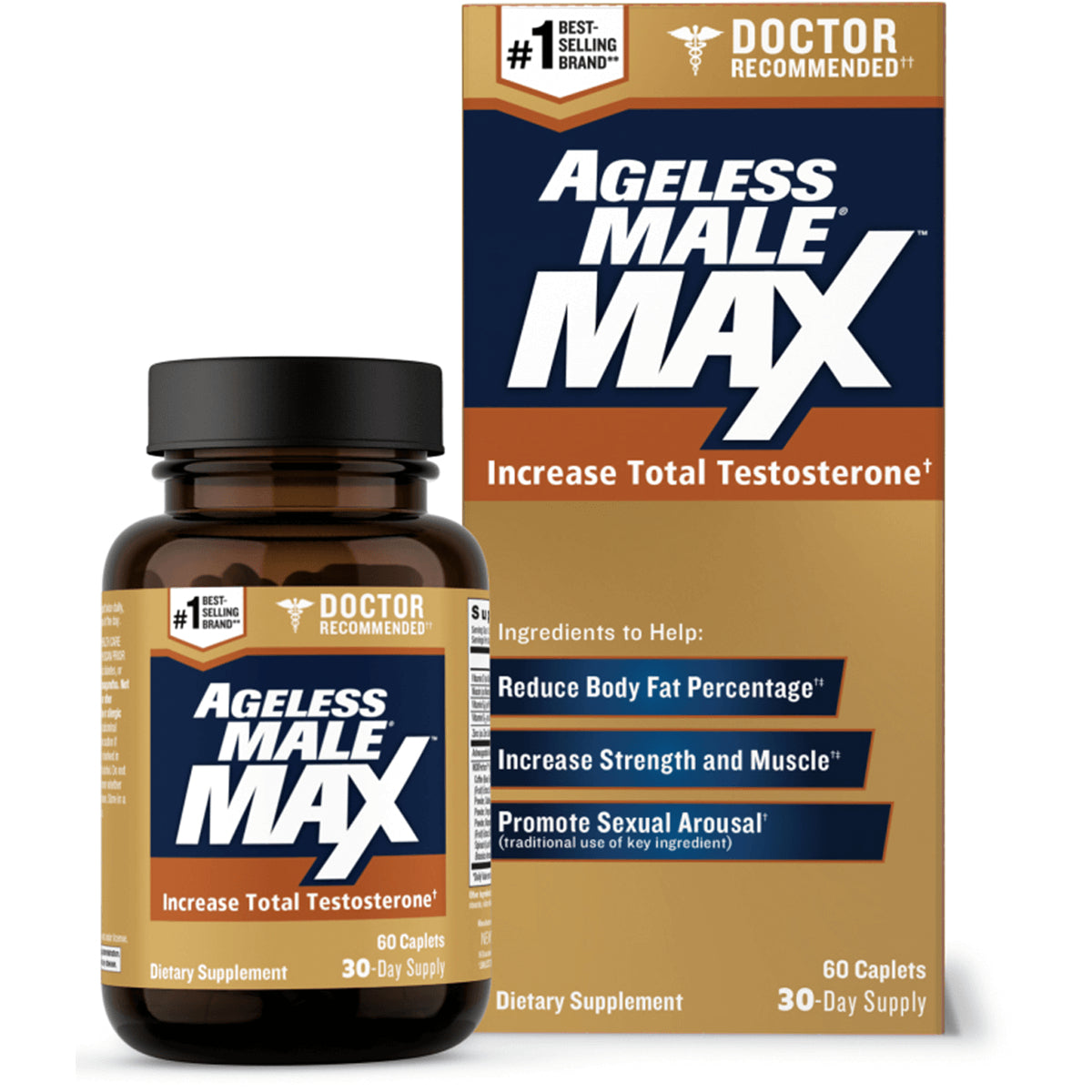 NWV002 | Ageless Male Max supplement bottle and box showing Increase Total Testosterone front label