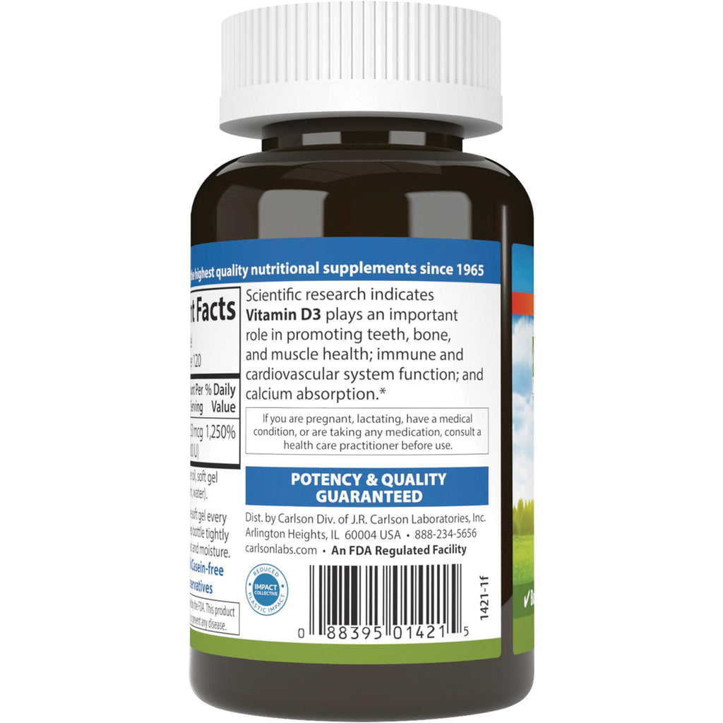CSN191 | Back label of brown supplement bottle showing Vitamin D3 claim, potency & quality guaranteed panel and barcode - Thumbnail