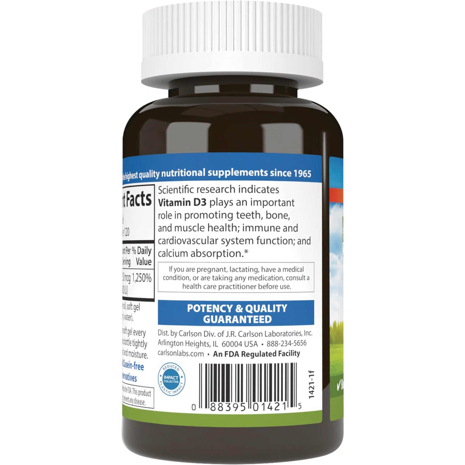 CSN191 | Back label of brown supplement bottle showing Vitamin D3 claim, potency & quality guaranteed panel and barcode