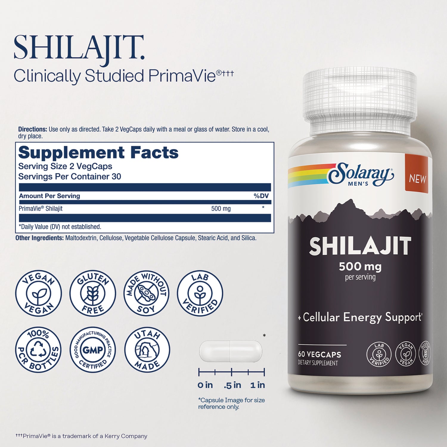 SLR534 | back panel with Supplement Facts listing PrimaVie Shilajit 500 mg, capsule size graphic, certification icons and partial bottle