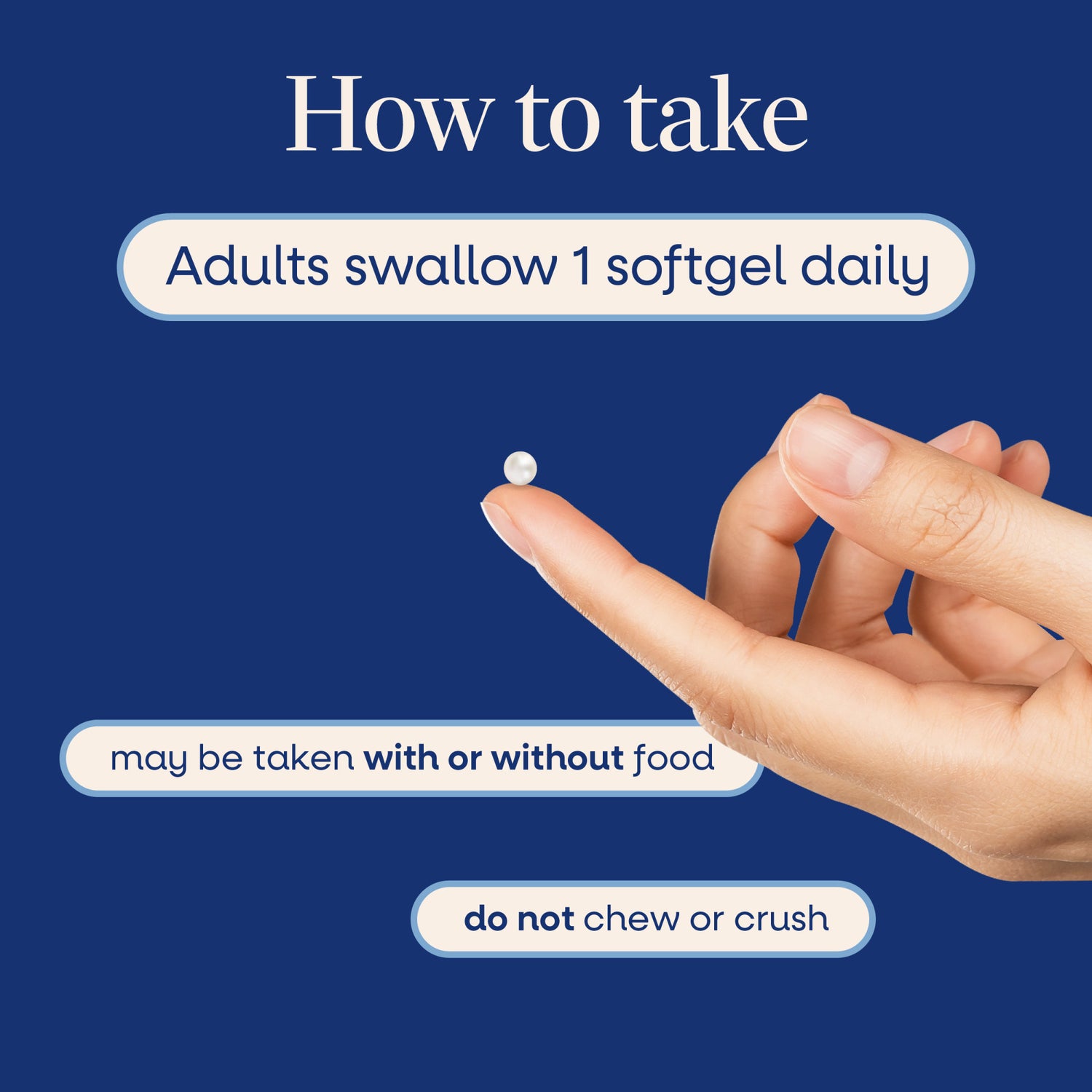 ET284 | Infographic showing how to take one softgel daily; swallow whole, may be taken with or without food