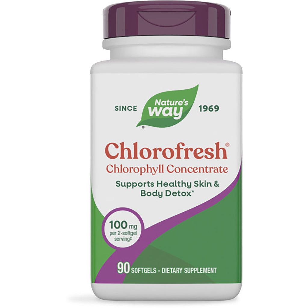 NW008 | Brown supplement bottle with green cap labeled Nature's Way CHLOROFRESH chlorophyll concentrate 90 softgels - Thumbnail