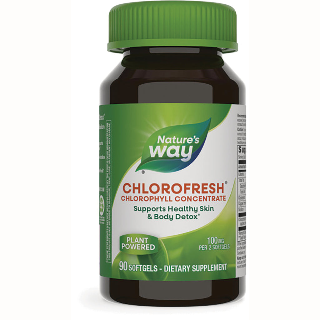 NW008 | Brown supplement bottle with green cap labeled Nature's Way CHLOROFRESH chlorophyll concentrate 90 softgels - Thumbnail