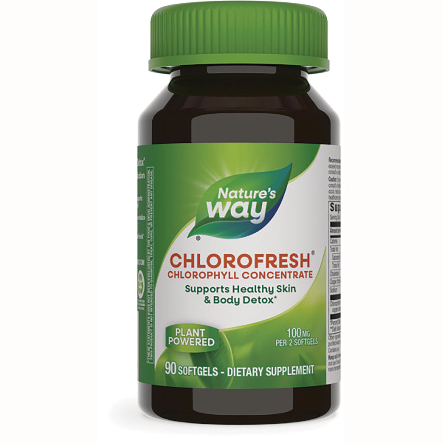 NW008 | Brown supplement bottle with green cap labeled Nature's Way CHLOROFRESH chlorophyll concentrate 90 softgels