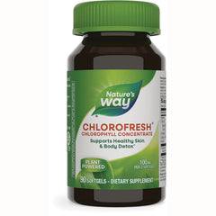 NW008 | Brown supplement bottle with green cap labeled Nature's Way CHLOROFRESH chlorophyll concentrate 90 softgels