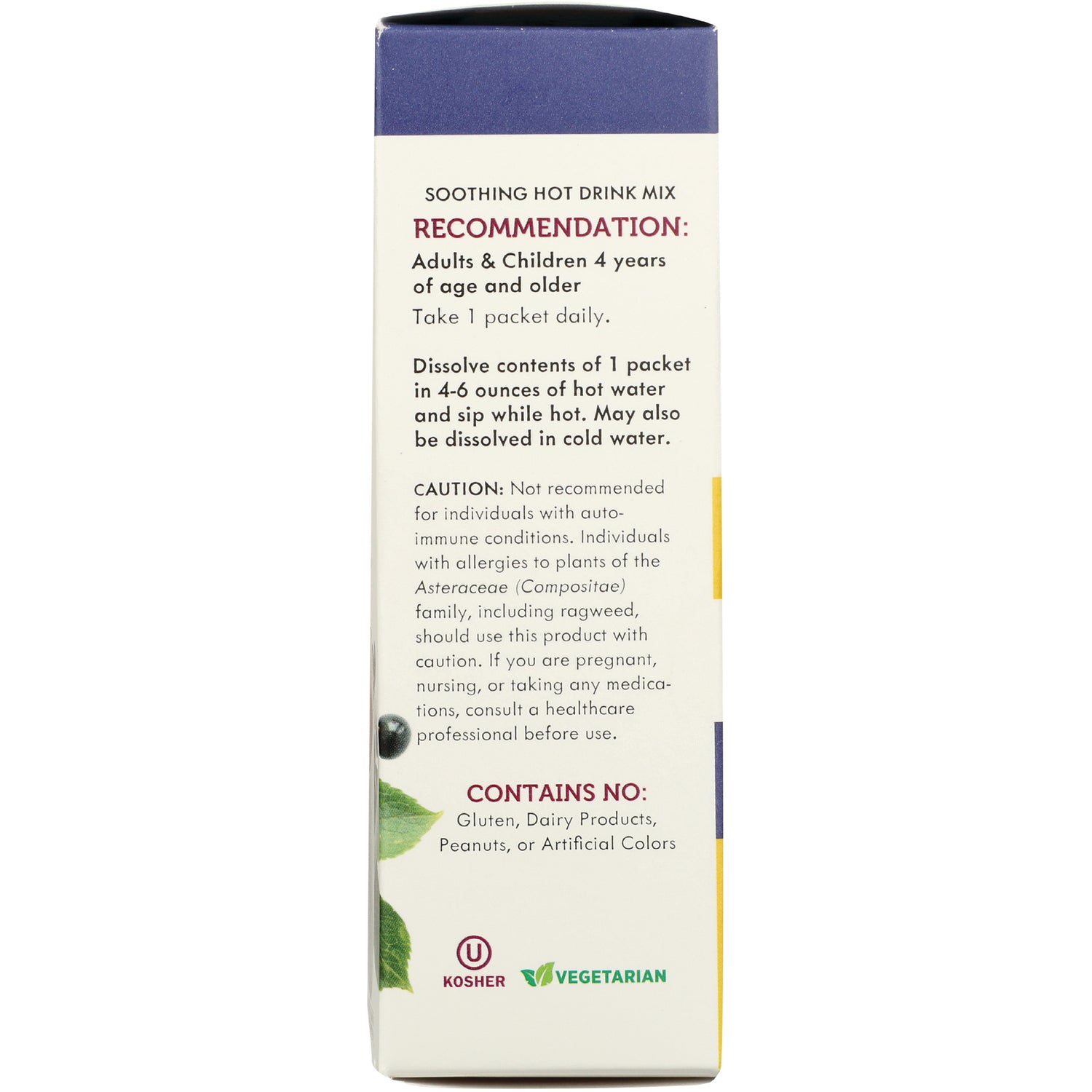 NW986 | Back panel showing recommendations, directions, caution, contains no allergens and kosher and vegetarian icons