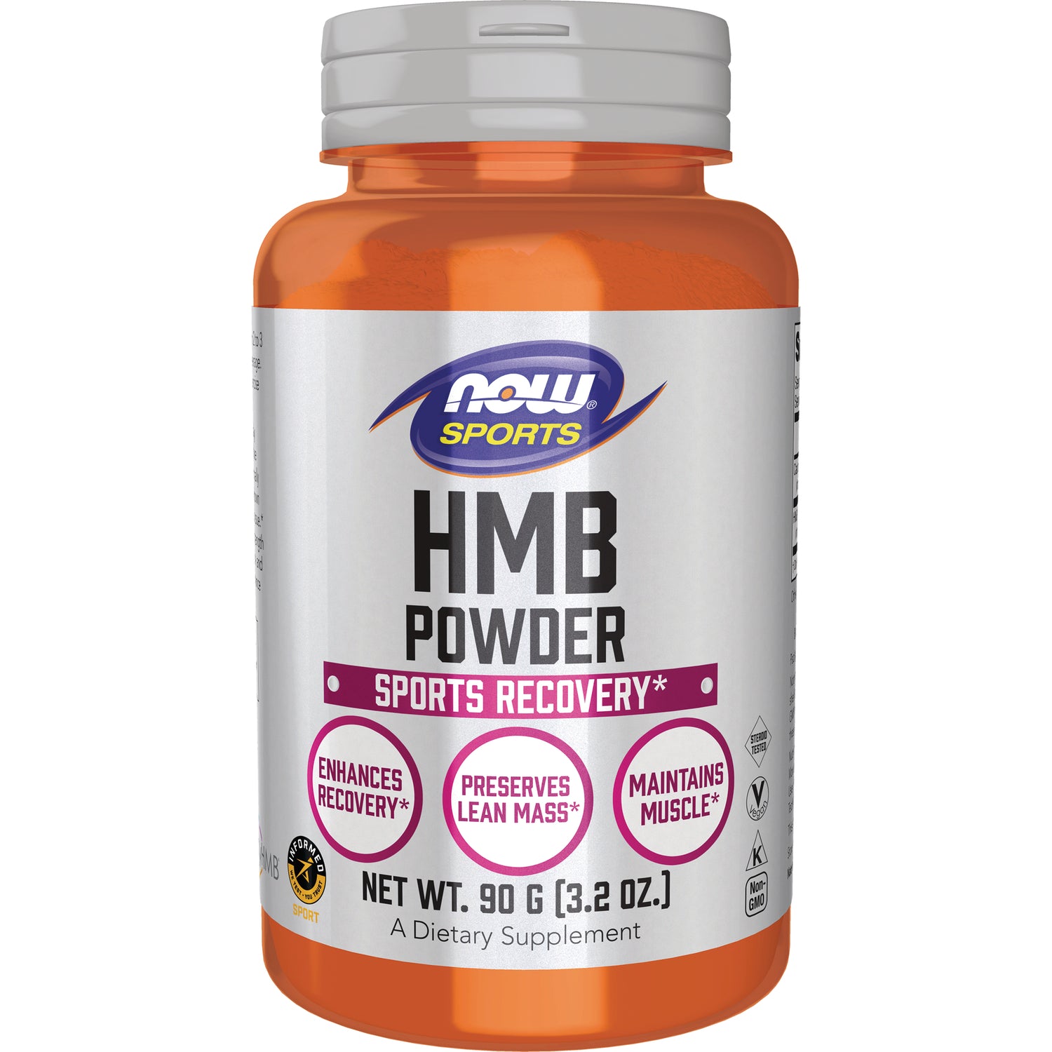 NWF1295 | NOW Sports HMB Powder supplement bottle front label reading Sports Recovery, Net Wt 90 g (3.2 oz)