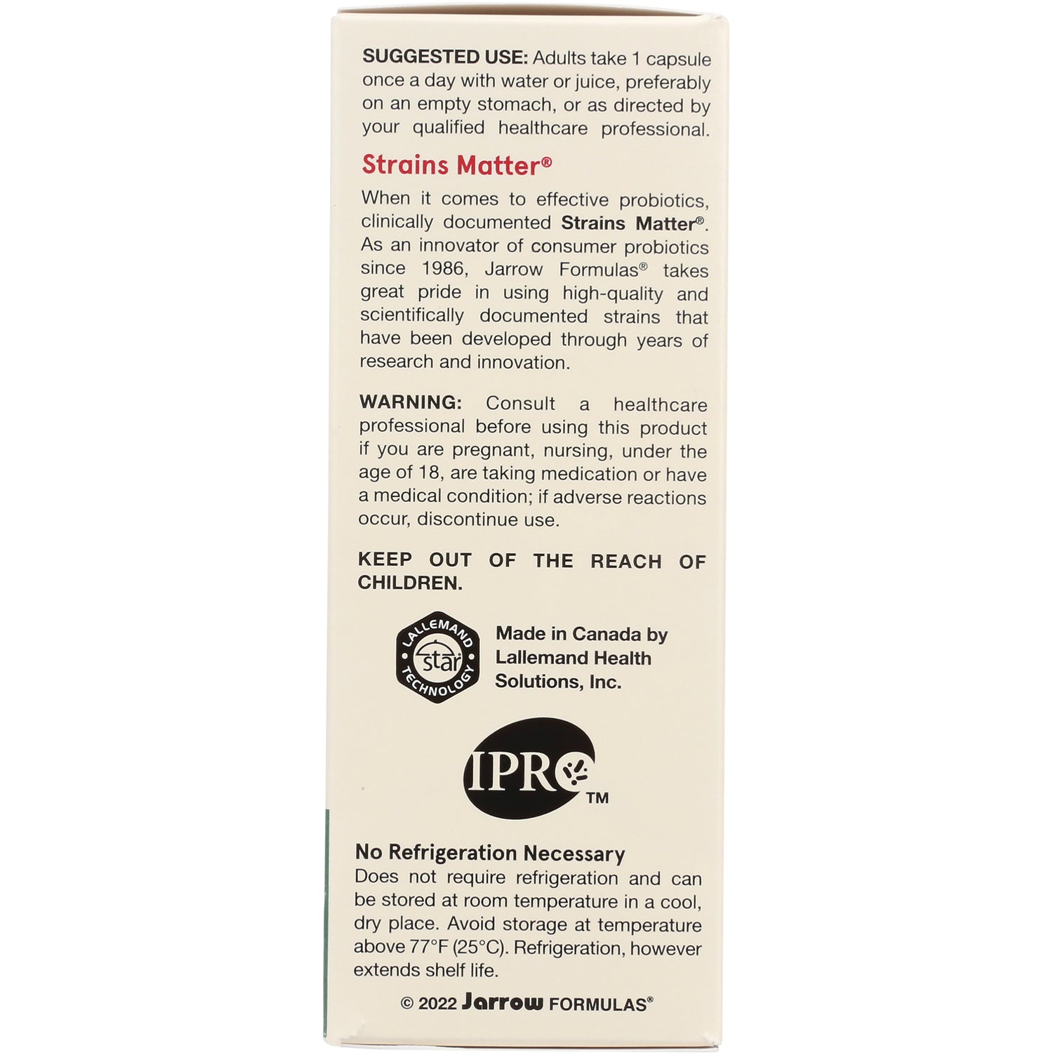 JR341 | back panel of probiotic box showing suggested use, warning, No Refrigeration Necessary and brand logos