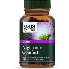 Gaia Herbs Nighttime Comfort bottle front, brown bottle with green label and purple band, 60 vegan liquid phyto-caps