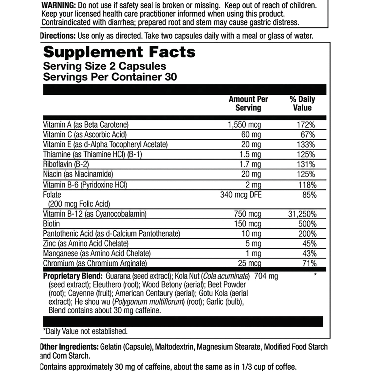 NBL051 | Supplement Facts panel showing serving size 2 capsules, vitamins, amounts per serving and proprietary blend ingredients