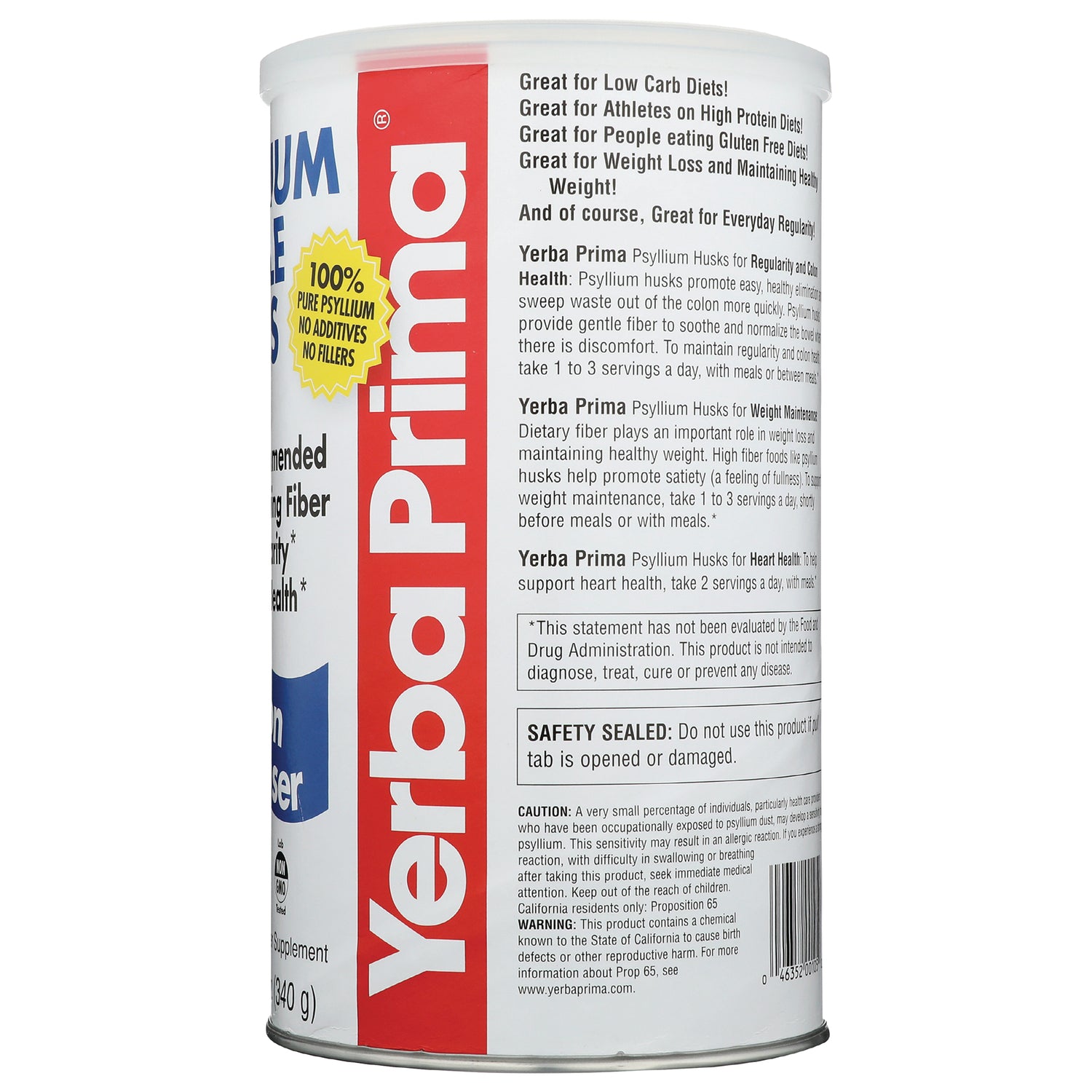 YP001 | Back of Yerba Prima Psyllium Husk container with usage, Safety Sealed and caution text