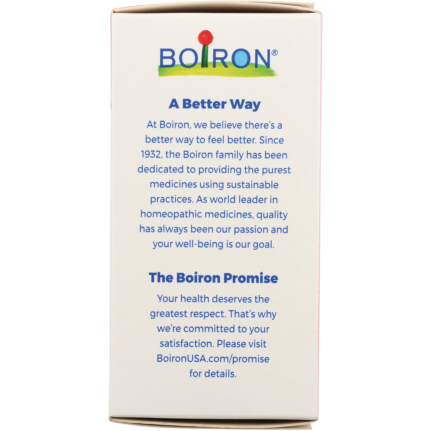 BRN050 | product side panel with Boiron logo and text titled A Better Way and The Boiron Promise