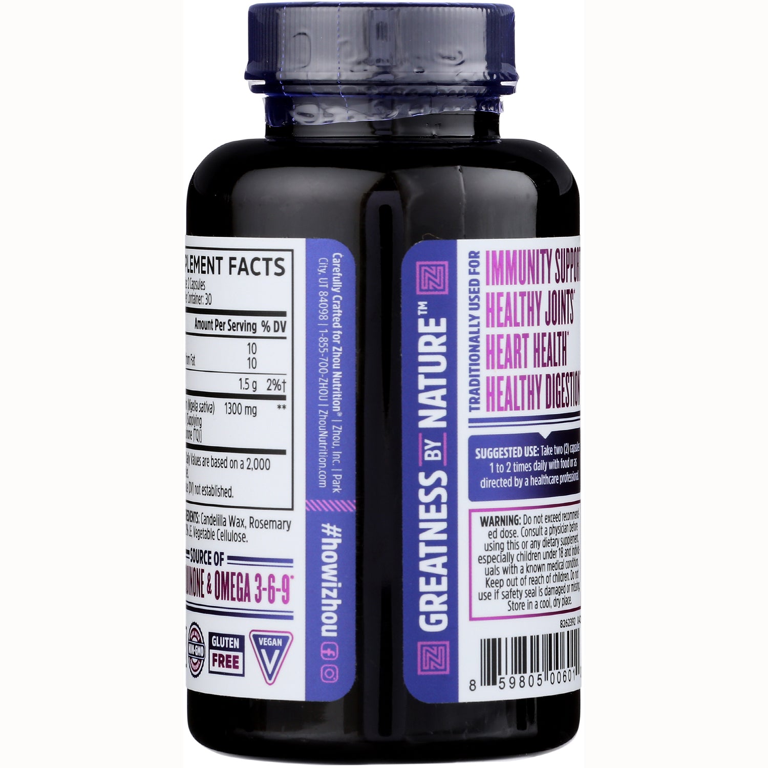 ZOU001 | Back of supplement bottle with supplement facts and benefits: Immunity support, joint, heart, and digestive health