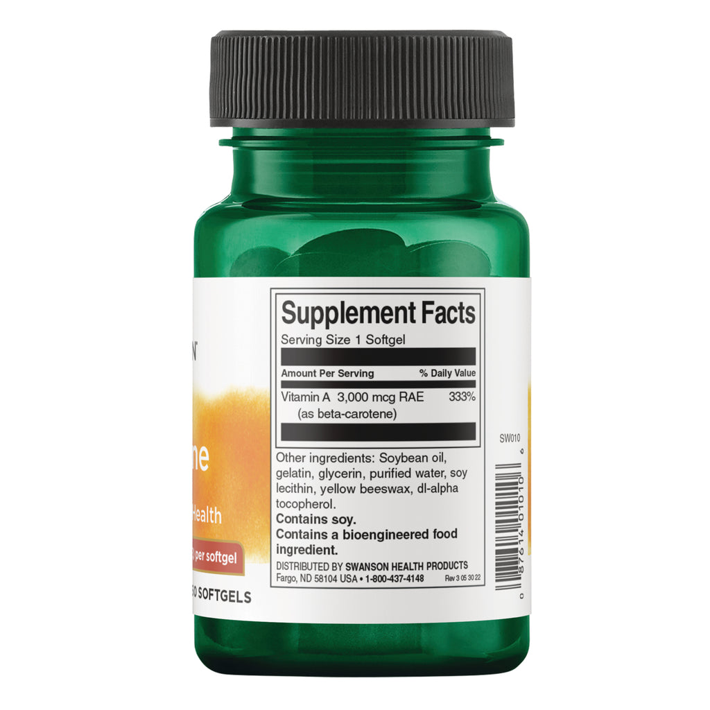 SW010 | Back label with Supplement Facts for softgel; Vitamin A 3,000 mcg RAE 333% DV; contains soy - Thumbnail